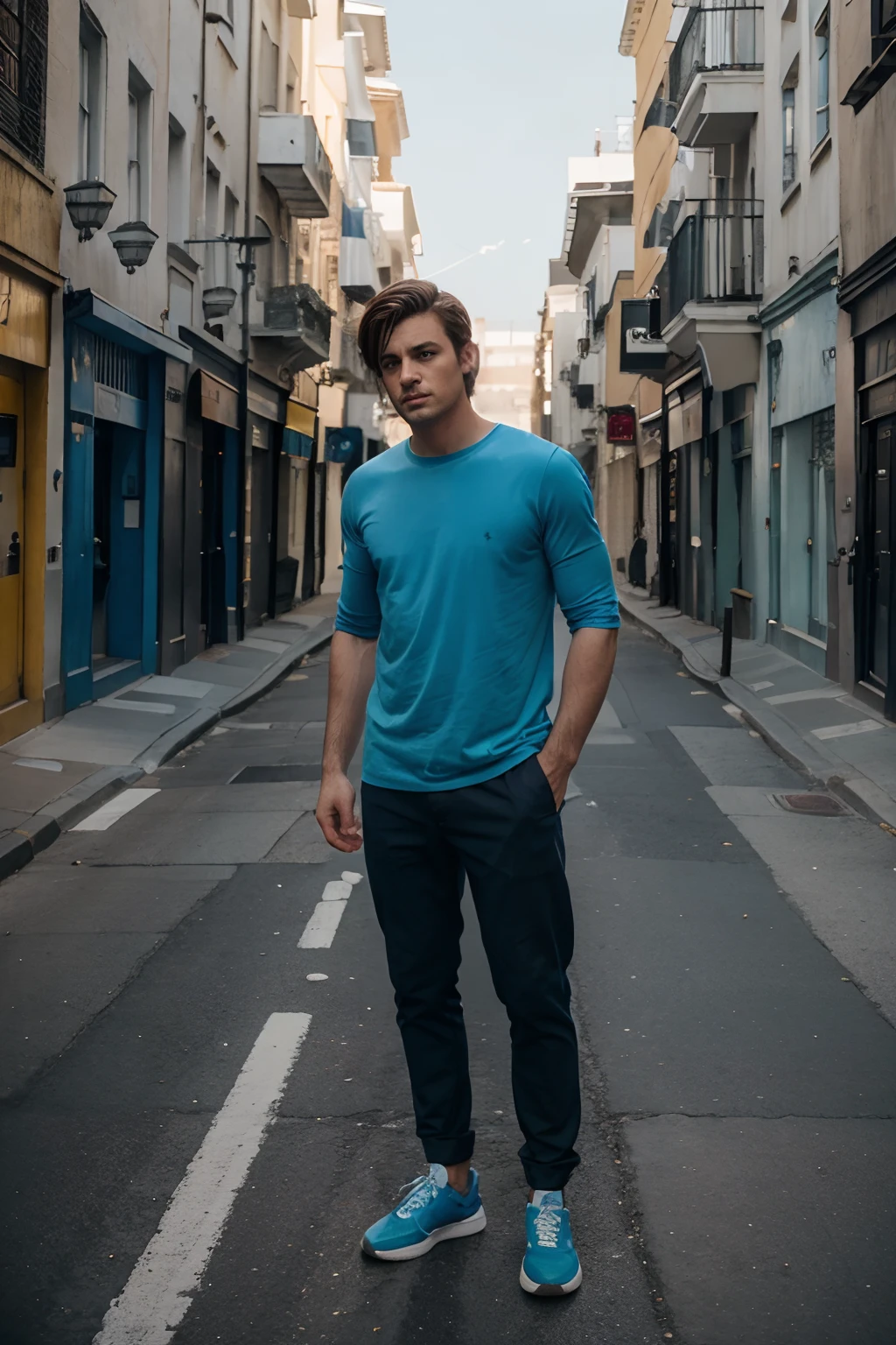 man, sad, standing, full body, empty street, day light, blue tshirt, sleeves
