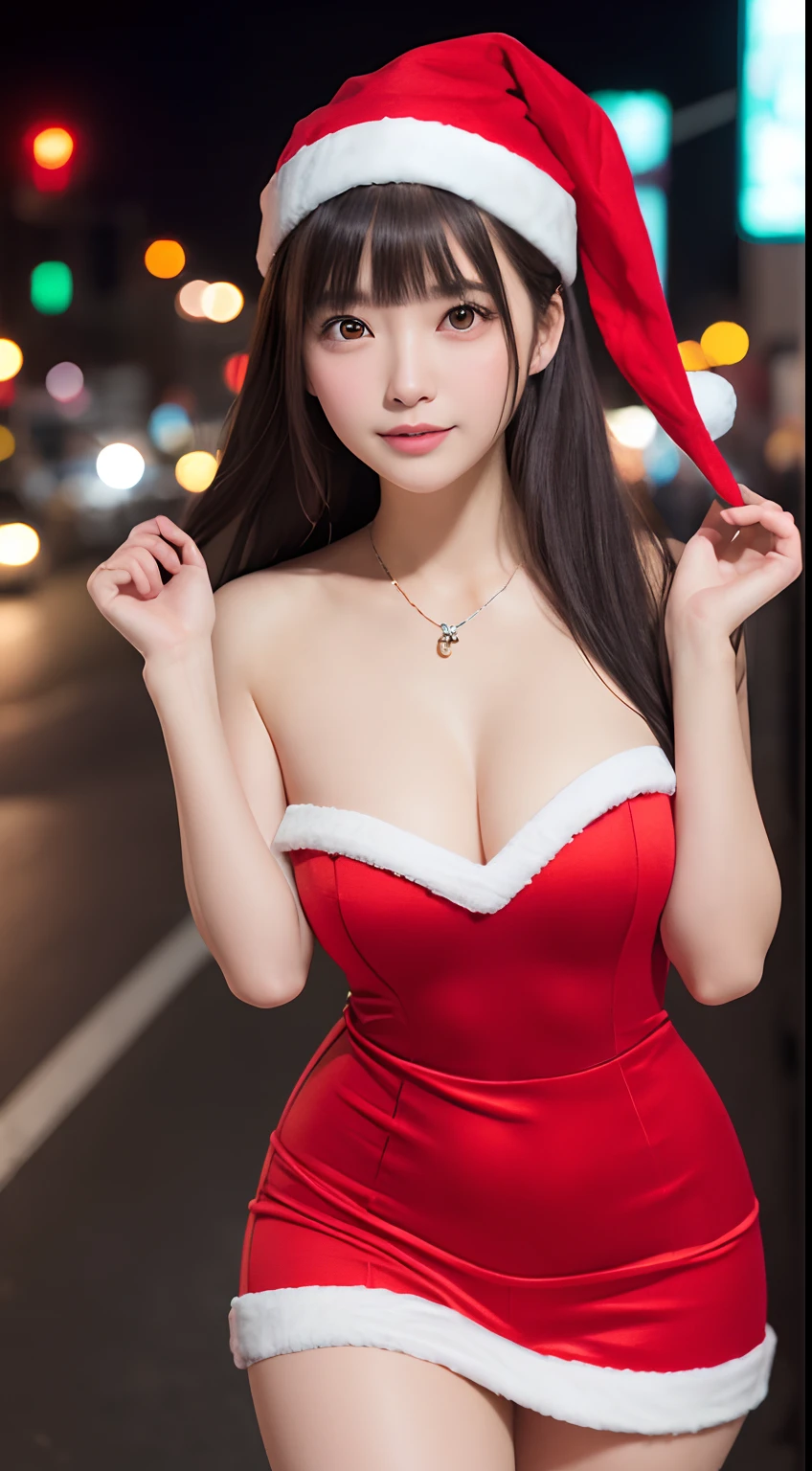 Red Santa Claus Cosplay、Odious appearance、thighs thighs thighs thighs、a miniskirt、A sexy、The appearance of the crotch open、Wide open crotch、M-shaped legs、Smile、natta、Raw photography、(((Ultimate Beauty Portrait)))、((glistning skin))、1人、((Big eyes that shine like jewels))、Clothes with visible breasts、Plump milk、Glossy glossy skin、(Medium Hair)、(Silky Ponytail Hair)、(frombelow)、eye liner、Beautiful bangs、((​masterpiece、top-quality、ultra-detailliert、Film Light、intricate-detail、hight resolution、ighly detailed))、细致背景、8KUHD、Digital SLR、Soft light、hightquality、Film grain、FujifilmXT3 、Shallow depth of field、natural soft light、Kamimei、Lush bust、Standing on the streets of Shibuya at night、Scramble crossing、Revealing clothing、Red Santa Hat、Santa's Girl