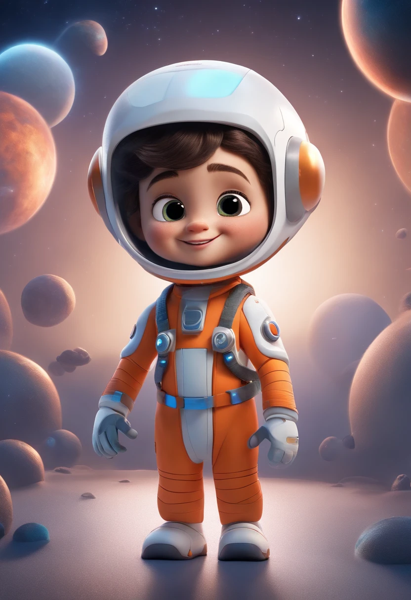 a happy cute  standing wearing a space costume, short hair, on a white background, with freckles, in a Pixar-style, with 3D cartoon-like visuals, a highly detailed face, and an asymmetrical 16k.