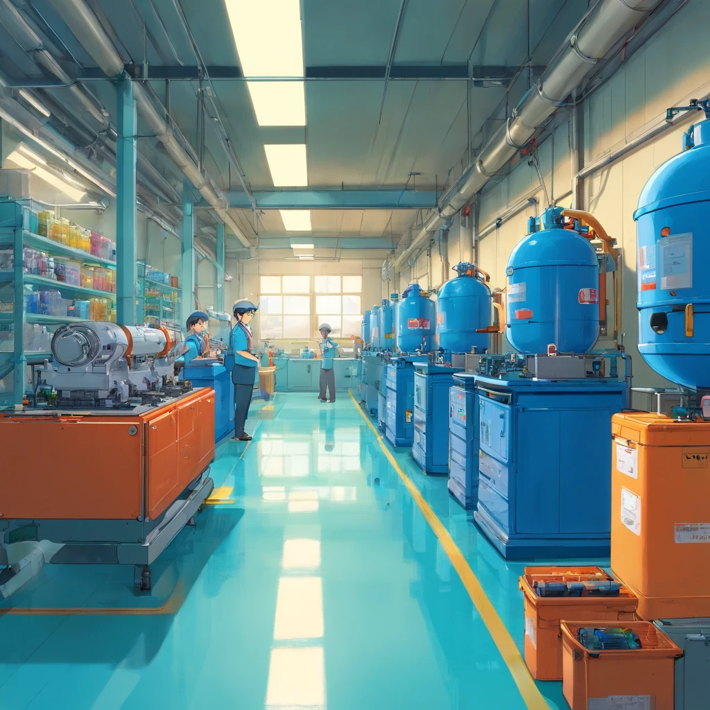 Interior design of an automotive cleaning products factory, (Estilo Pixar), Parque Fábrl, esteiras de produtos, Industries Machines, Modern factory, 3D render. Maya 3D, equipamentos na cor azul, Employees looking at photo, uniforme azul