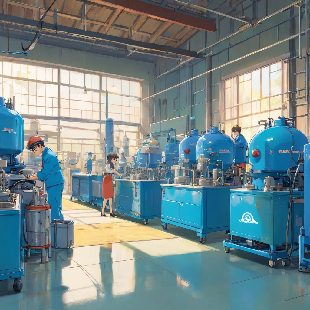 Interior design of an automotive cleaning products factory, (Estilo Pixar), Parque Fábrl, esteiras de produtos, Industries Machines, Modern factory, 3D render. Maya 3D, equipamentos na cor azul, Employees looking at photo, uniforme azul