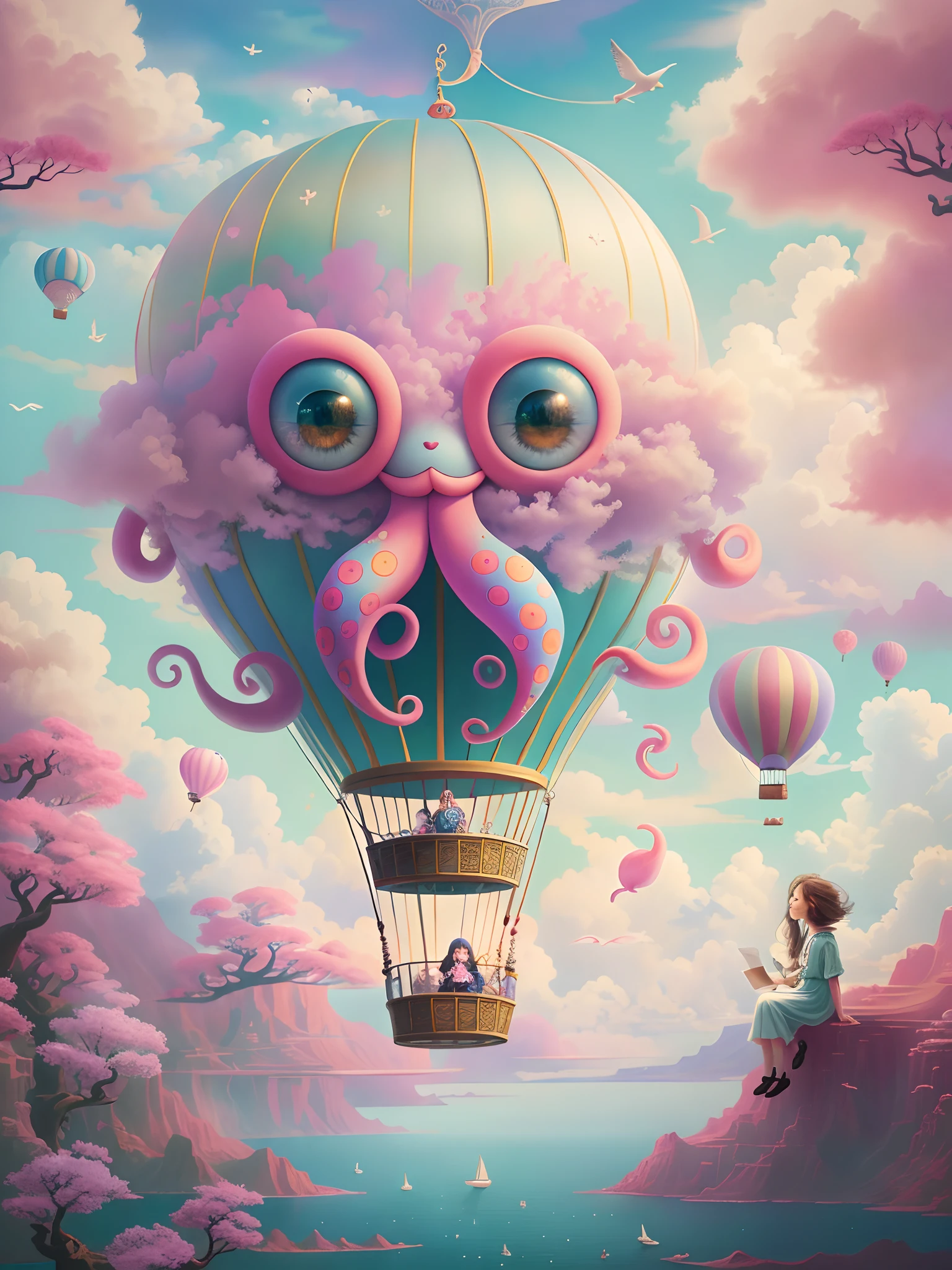 A dreamy illustration with an adorable octopus hot air balloon performing magic tricks. (best quality,4k,8k,highres,masterpiece:1.2),ultra-detailed,(realistic,photorealistic,photo-realistic:1.37),illustration,cute,adventure,imaginative,colored pencils,soft pastels,vibrant colors,enchanting lighting,whimsical atmosphere,craftsmanship,ocean theme,ocean breeze,floating in the sky,magical surrealism,enigmatic shadows,fluffy cotton candy clouds,mesmerizing details,curious onlookers,blissful expressions,mystery and wonder,uplifting mood,cherry blossoms in the background,delicate brushstrokes,playful storytelling,fantasy world,joyful characters,pleasant surprises,delightful smiles.