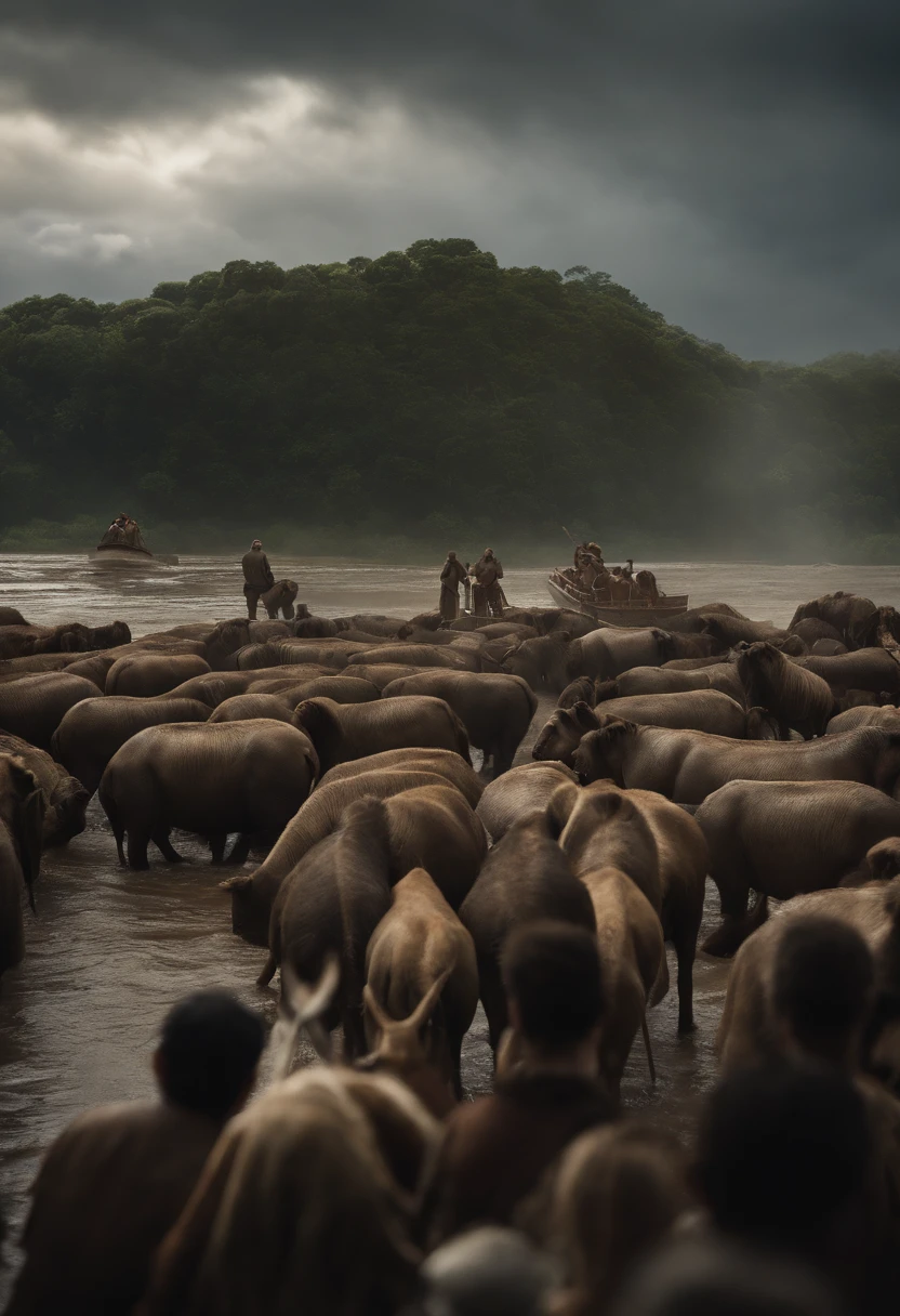 Describe a Thrilling Scene in the Story of Noah's Ark, where Noah and his family are facing challenges as they try to protect the animals on board during a violent flood. Explore the tension, the solidarity and emotions of the characters as they fight to survive and ensure the preservation of all species aboard the Ark