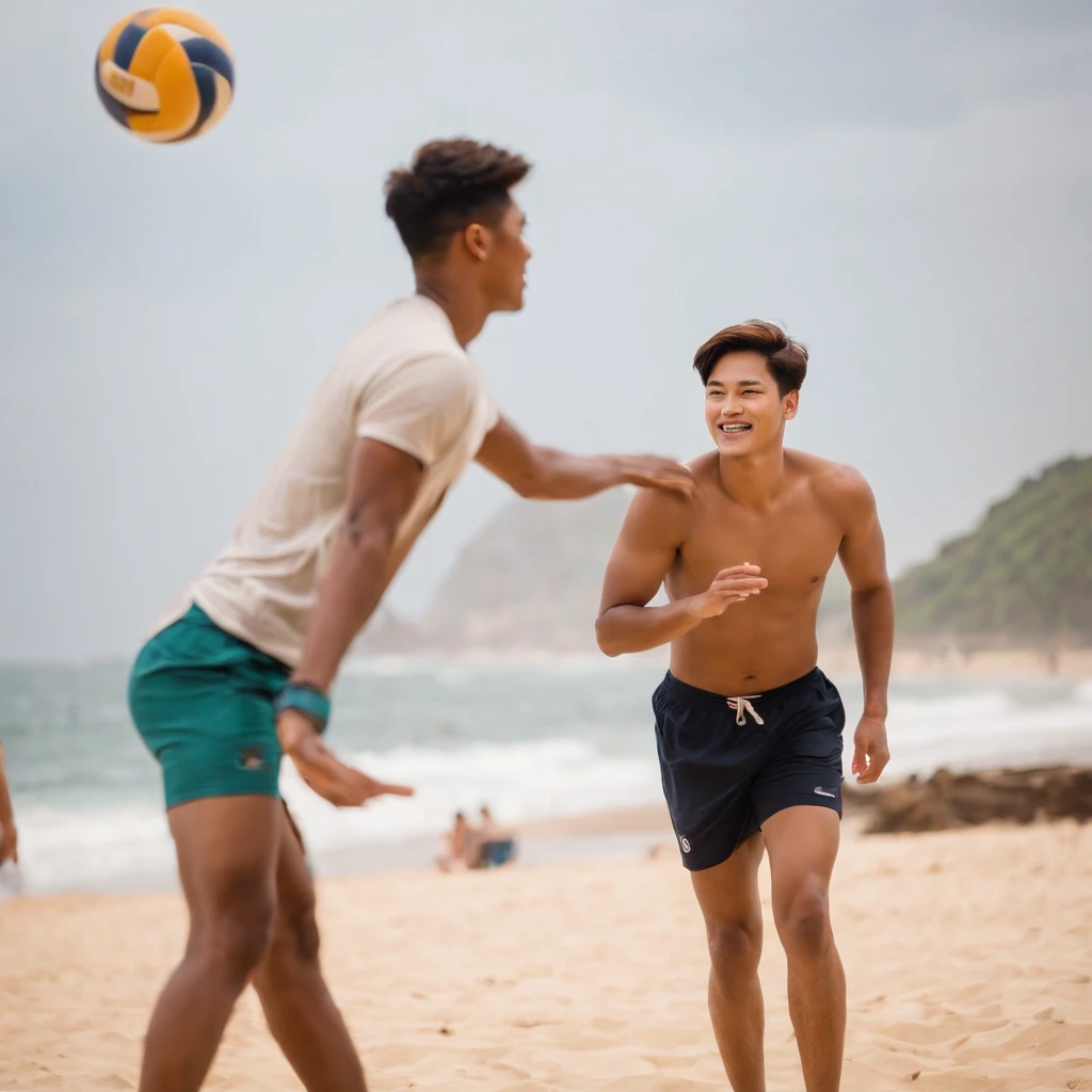 Kai do Exo, playing volleyball, com seus amigos, em uma praia, no Rio de janeiro