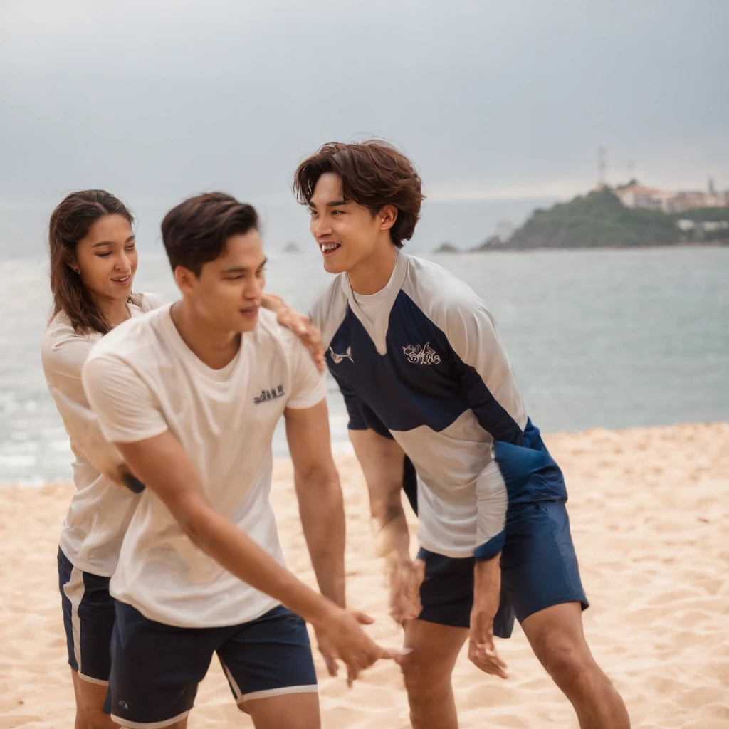 Kai do Exo, playing volleyball, com seus amigos, em uma praia, no Rio de janeiro