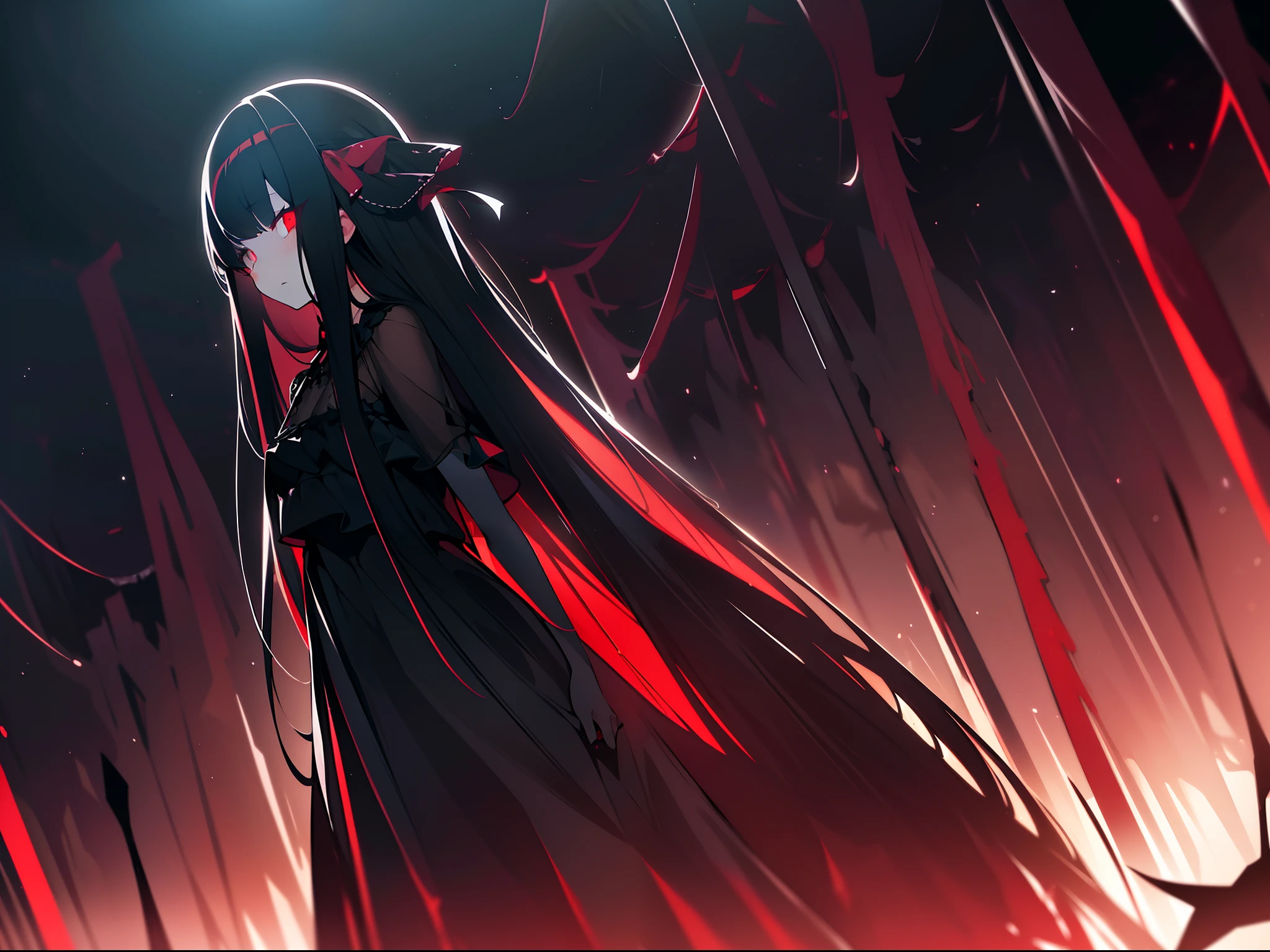 1 loli girl ,standing, (full body),cinematic lighting , cinematic angle,Dutch angle , ((blood rain)) ,(Faintly emerge from the darkness) , (rape face) ,black long straight hair, hair ribbon , red eyes,black dress, (glowing eyes), horror ,((masterpiece)), ((best quality)), ((ultra-detailed)), (illustration), ((an extremely delicate and beautiful))