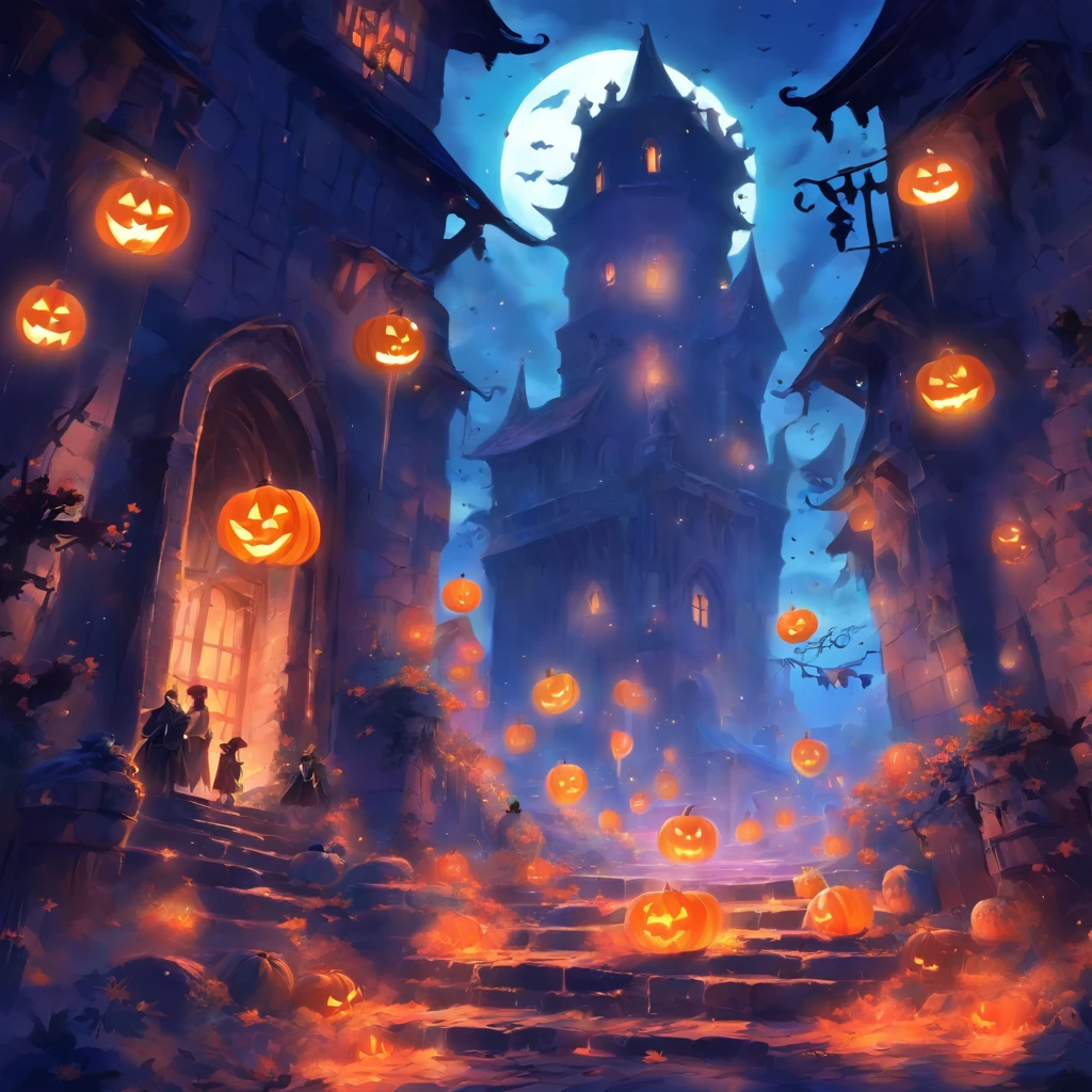 Halloween Floating Lights, Light and reflection in cinema, Fluorescent Lights, Mid-range metaverse elements,digital painting, reflection light, deliberation, Halloween Jack-o'-Lantern, calm night, digital illustration, Beautiful atmosphere., Skylights at night, The evening atmosphere is calm., Jack-O-Lantern, Halloween, night, The Moon, Game Scene, Halloween, Surrounded by clouds, Buildings in medieval Europe, painted pottery, European Union, Beautiful colors, There are three arches in the foreground.((Color Ink)), ( (splash ink ) ), ((splash ink) Inkie})), master-piece, High Quality, Beautiful graphics, high-detail,superb