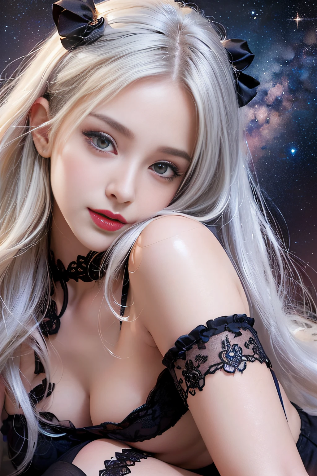 ((tmasterpiece:1.4)、(top-quality:1.4)、(reallistic:1.7))、By Luis Royo(By Luis Royo)Surreal portrait of a beautiful girl、Super beautiful girl、((1girl in:1.4))、Shiny natural skin texture、Authors:By Luis Royo(By Luis Royo)、age19、(Two arms:1.4、Two legs:1.4)、(perfect anatomia:1.4)、(Perfect female body:1.4)、Portrait photo of a girl、Close-up photos、Full body shooting、((Woman lying in the palace))、((masutepiece:1.4), (of the highest quality:1.4), (Realistic:1.7), By Luis Royo, Beautiful Girl, Super beautiful girl, ((1girl in:1. 4), Shiny natural skin texture, Authors: By Luis Royo, 19 years old, (Perfect female body: 1.4), (Perfect female body: 1.) 4), Portrait photo of a girl, Close-up photos, (Full body photo), Fantasy Art, Soft front light, Beautiful expression, Kawaii face, Beautiful breasts, Large Full Breasted: 1. 2, Beautiful buttocks, Fine eyes, Clear and eye-catching, beautiful and alluring, Beautiful eyes, thin waist, Raw photo, Red lips, ((White hair, Long hair)) , 1 Screen View, ),((Off-the-shoulder hand-knitted sweater))、((Black tight skirt))、 (sexyposture), (the milky way in the sky),((T-back panties))、((Black garters and garter belts))、(A smile)、((Vaginal orchids))、((erection))