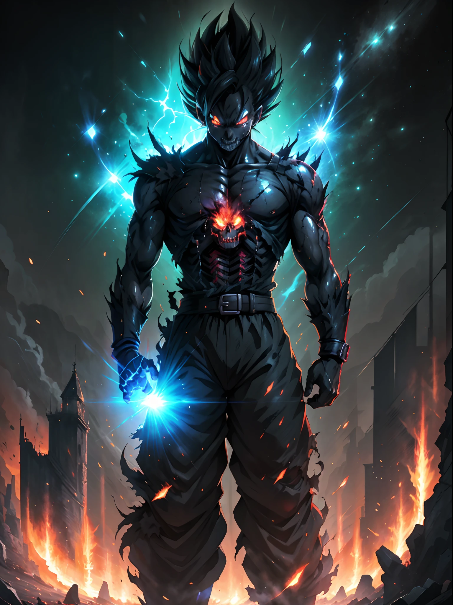 black demon god with skeleton face, glowing red eyes, transformed state mode, ultra instinct, an epic anime of a energy man, fire, lava, holding a planet in one hand, anime epic artwork, Dragon Ball Universe concept art, 4 k manga wallpaper, detailed digital anime art, advanced digital anime art, detailed anime artwork, badass anime 8 k