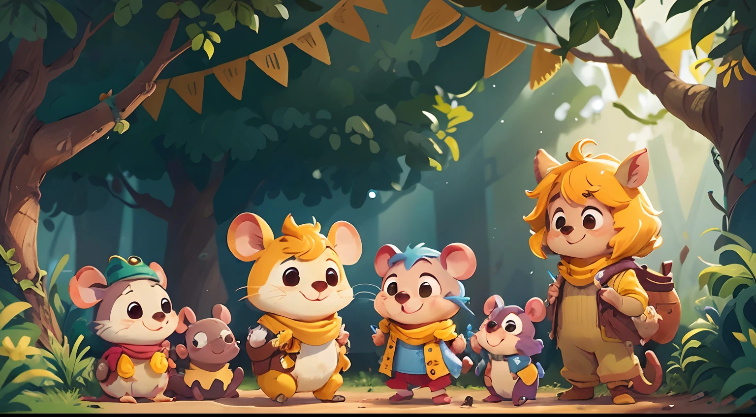 Pimpão is a charming little mouse, um sorriso encantador, Wearing a small yellow and blue colored scarf around the neck, Com Olhos Brilhantes, Pimpão interacting with other farm animals, mostrando sua sociabilidade.