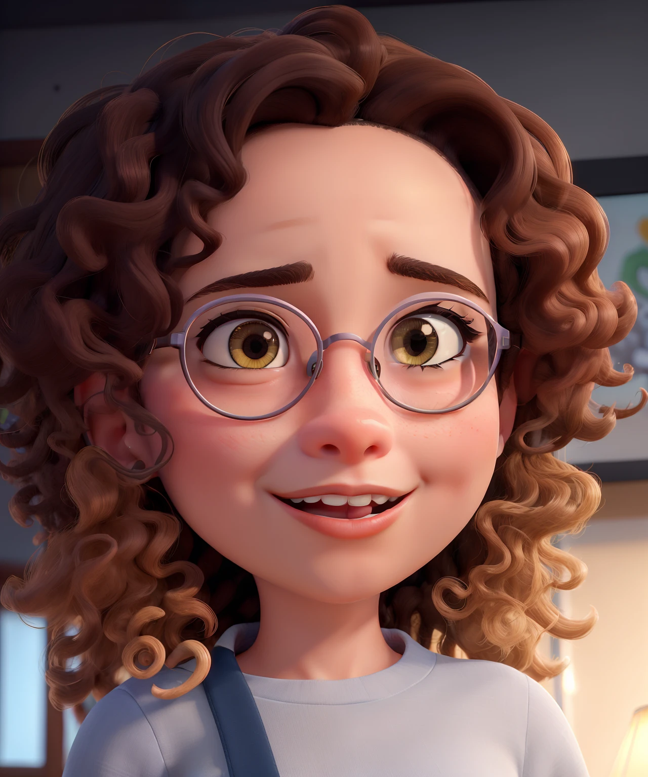 Uma obra-prima ultra-detalhada na melhor qualidade, 4k, 8k, and High resolution, com um retrato realista e foto realista de uma menina. The girl is plump with a large bust and has curly brown hair with golden highlights.  Is singing into the microphone. The scene takes place in a studio, with professional lighting and equipment. Girl is wearing round yellow glasses, adicionando um toque de exclusividade ao seu visual. She looks into the camera. The colors in the artwork are vivid and vibrant, emphasizing the energy and passion of the girl's performance. The lighting is carefully designed to create a dramatic atmosphere, casting shadows and lighting certain areas to improve visual impact. The artwork is a stunning representation of the girl's talent and expression, capturing the essence of his performance in every detail. Curly locks wearing baggy pants and denim jacket tied at the waist.