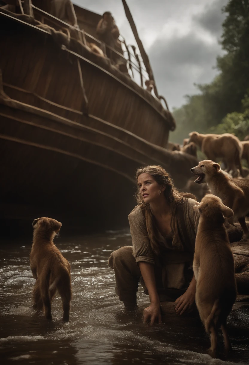 Describe an exciting scene in the story of Noah's Ark where Noah and his family are facing challenges as they try to protect the animals on board during a violent flood. Explore the tension, solidarity, and emotions of the characters as they struggle to survive and ensure the preservation of all species on board the Ark