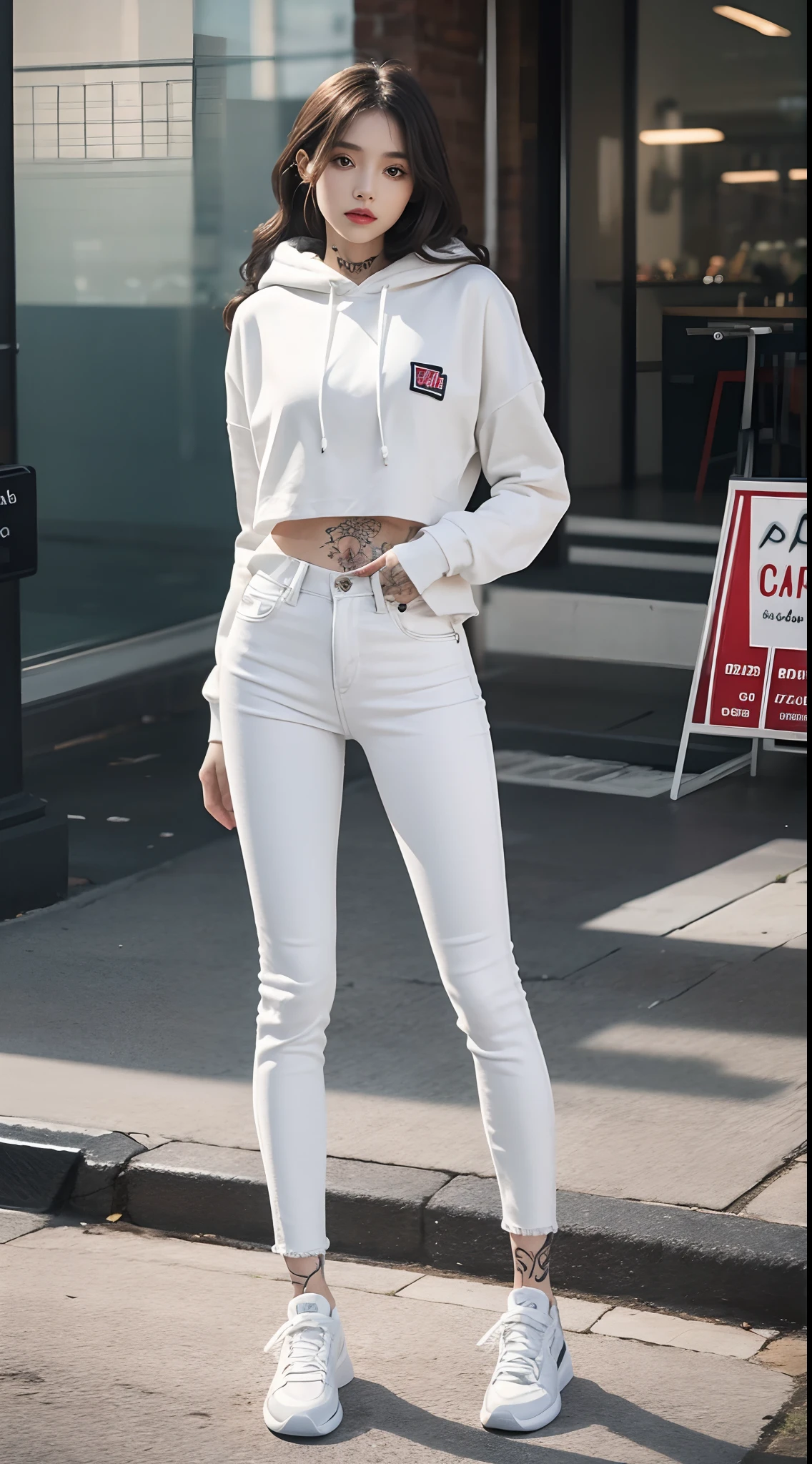 Masterpiece, Best quality, 1girll，stand posture，anatomy correct，172 cm tall，White hoodie，skintight jeans，Tattooed with，wavy and long hair，Accurate and perfect face，Slender and slender figure，Skinny，Skinny，Smaller bust，White sneakers