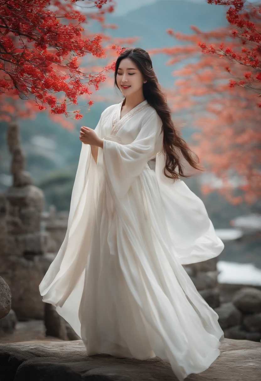 best quality, Qualidade de imagem 4K, 1girl, Hanfu branco, neve, long hair fluttering in the wind, sorriso curativo, grande abertura, Fundo desfocado