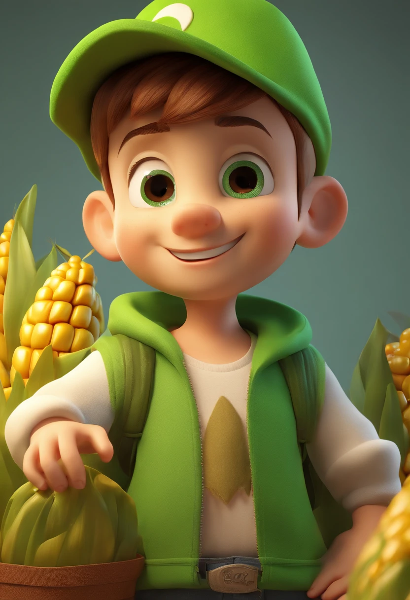 Cartoon character of a boy in an outfit based on a corn costume wearing a green cap with room for a brand and satisfied appearance, animation character, Caractere estilizado, animation style rendering, 3D estilizado, 3 d render stylized, toon render keyshot, Personagem 3D, Personagem 3D, renderizado