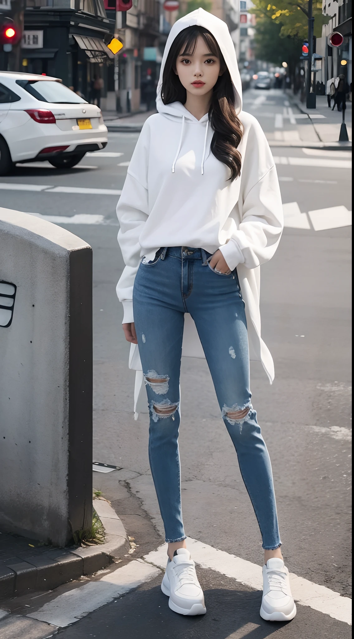 Masterpiece, Best quality, 1girll，stand posture，anatomy correct，172 cm tall，White hoodie，skintight jeans，Tattooed with，wavy and long hair，Accurate and perfect face，Slender and slender figure，Skinny，Skinny，Smaller bust，White sneakers