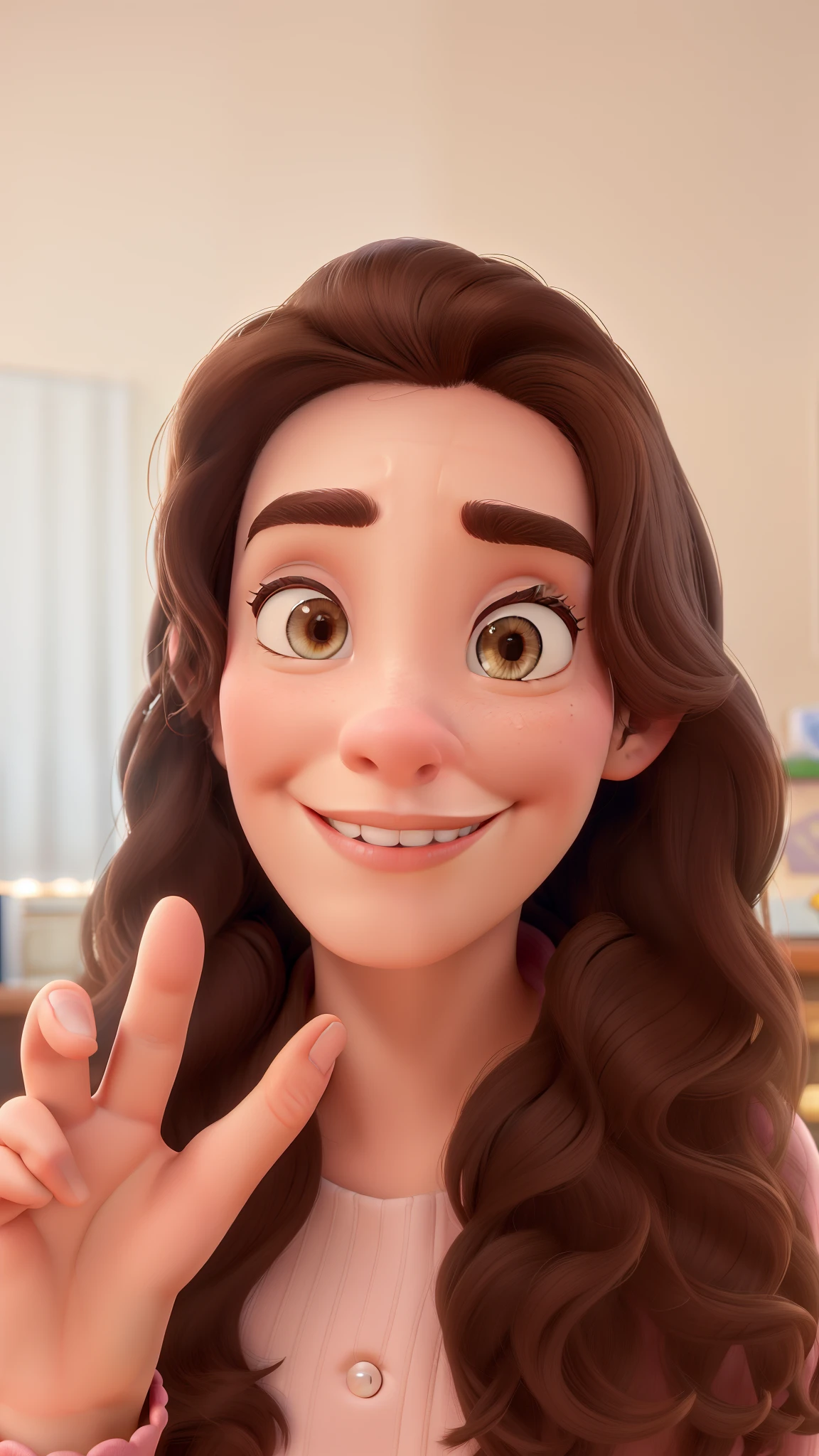 I would like a disney pixar style animation in 3D in 4K, 
The setting is a psychology office.The main character is a wonderful 36-year-old woman.
Their skin is white, olhos castanho, medium-sized, wavy brown hair.
The main character's outfit is a classic dress in pink shades