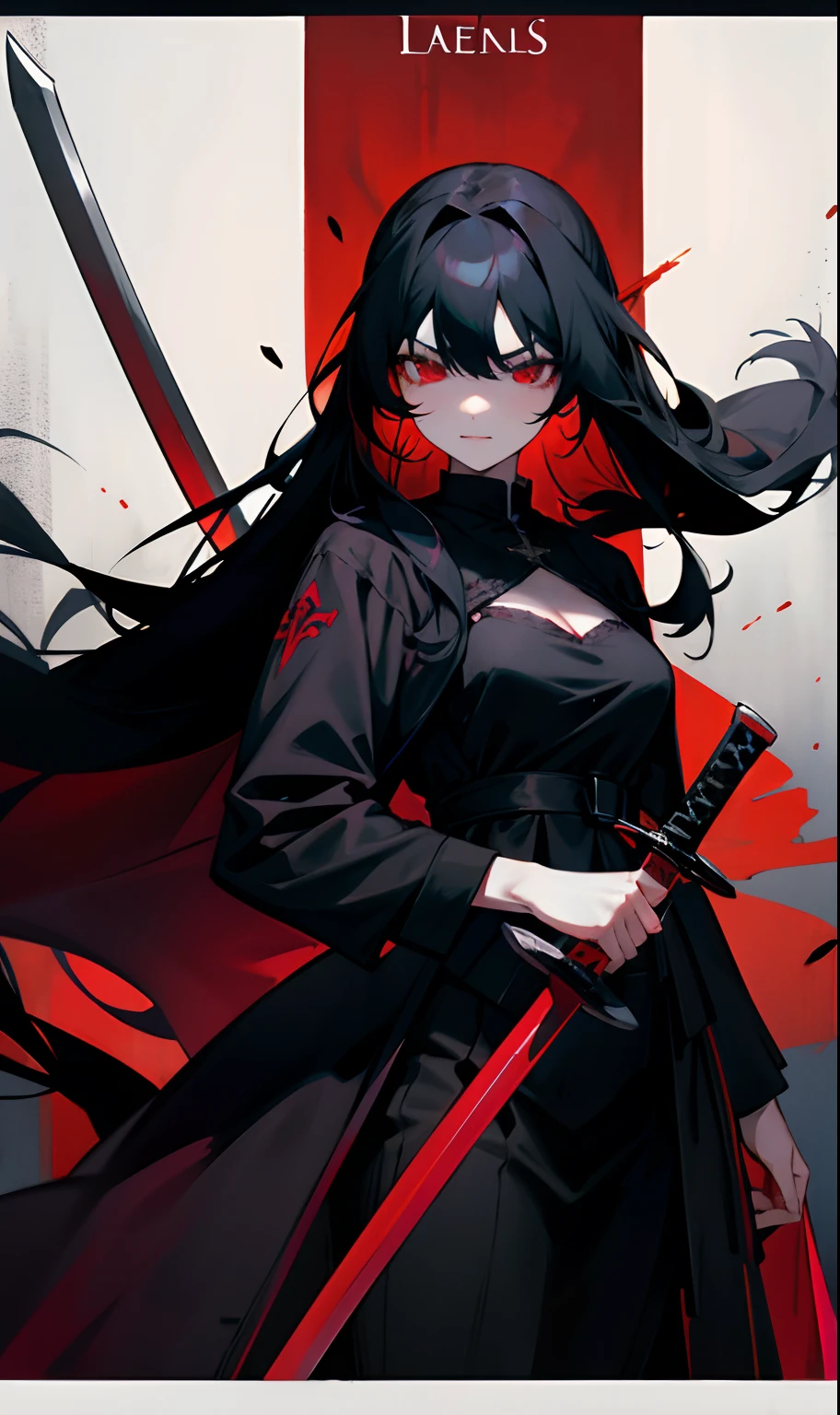 Girl with long black hair tied up, medium breasts wearing a black blouse and a red overcoat while holding two swords in her bright red eyes, blood descending and with Roman letters placed on it