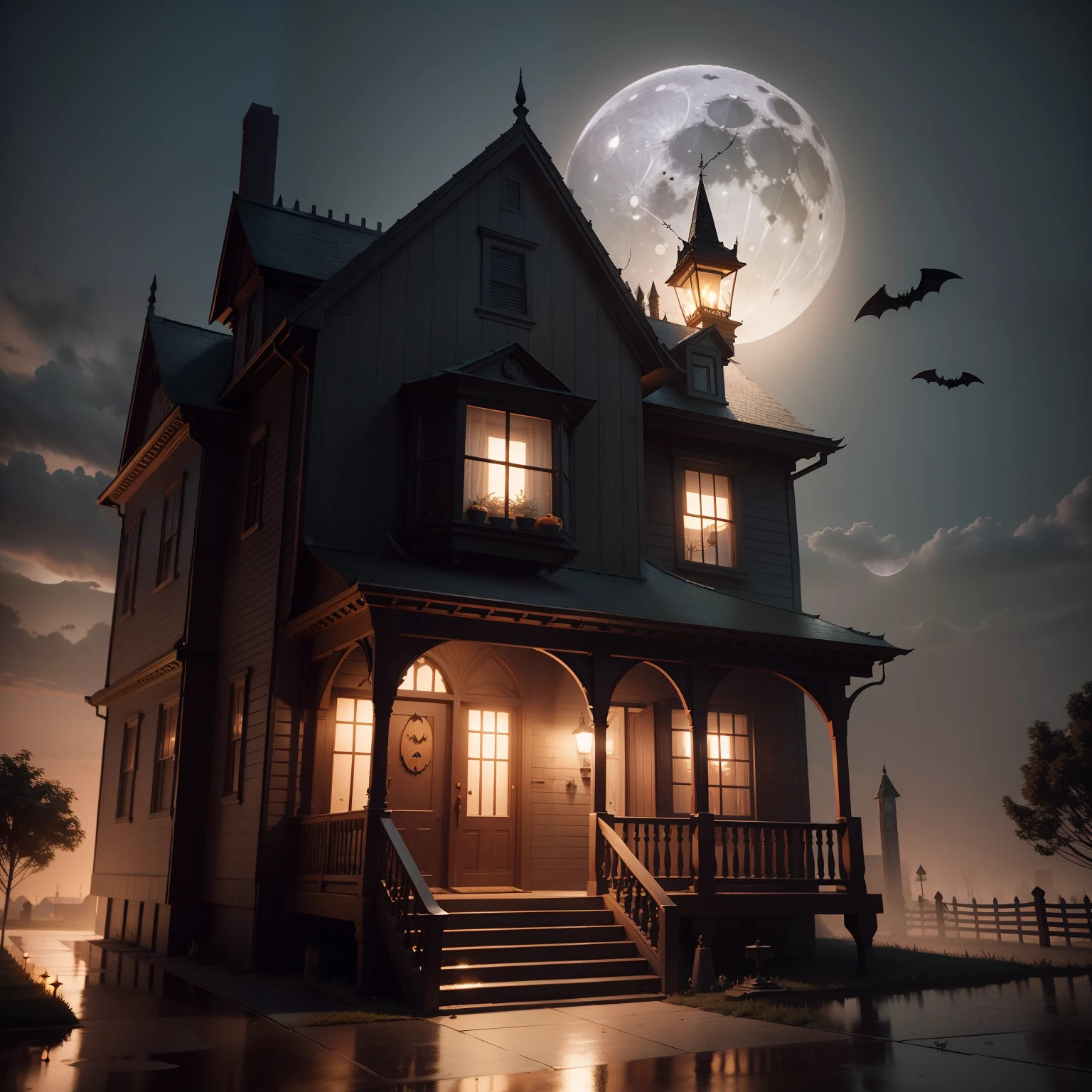 Wearing a Halloween hat.,(master-piece,bestquality:1.2),Best Lights,best shadows,Show background, . . . . . . . . . . . . . . .bat,full big moon,Old House,stylized 3d render