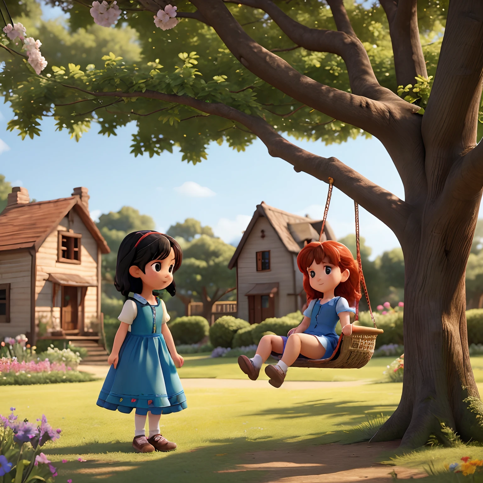 A girl with black hair in a blue dress with small chest playing with her red-haired friend is green dress the two playing on the swing that is in the tree behind them has a garden house full of flowers