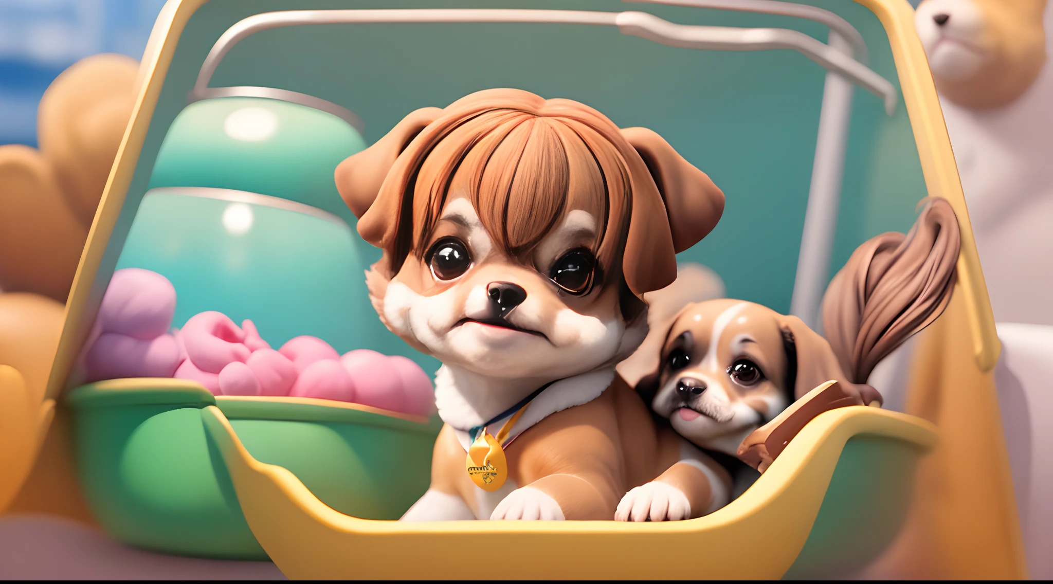 Criar medica veterinaria estilo pixar morena brasileira com cabelo longo preto, olhos escuros, boca grande sorrindo, nariz redondo com esteto em hospital e cachorro
