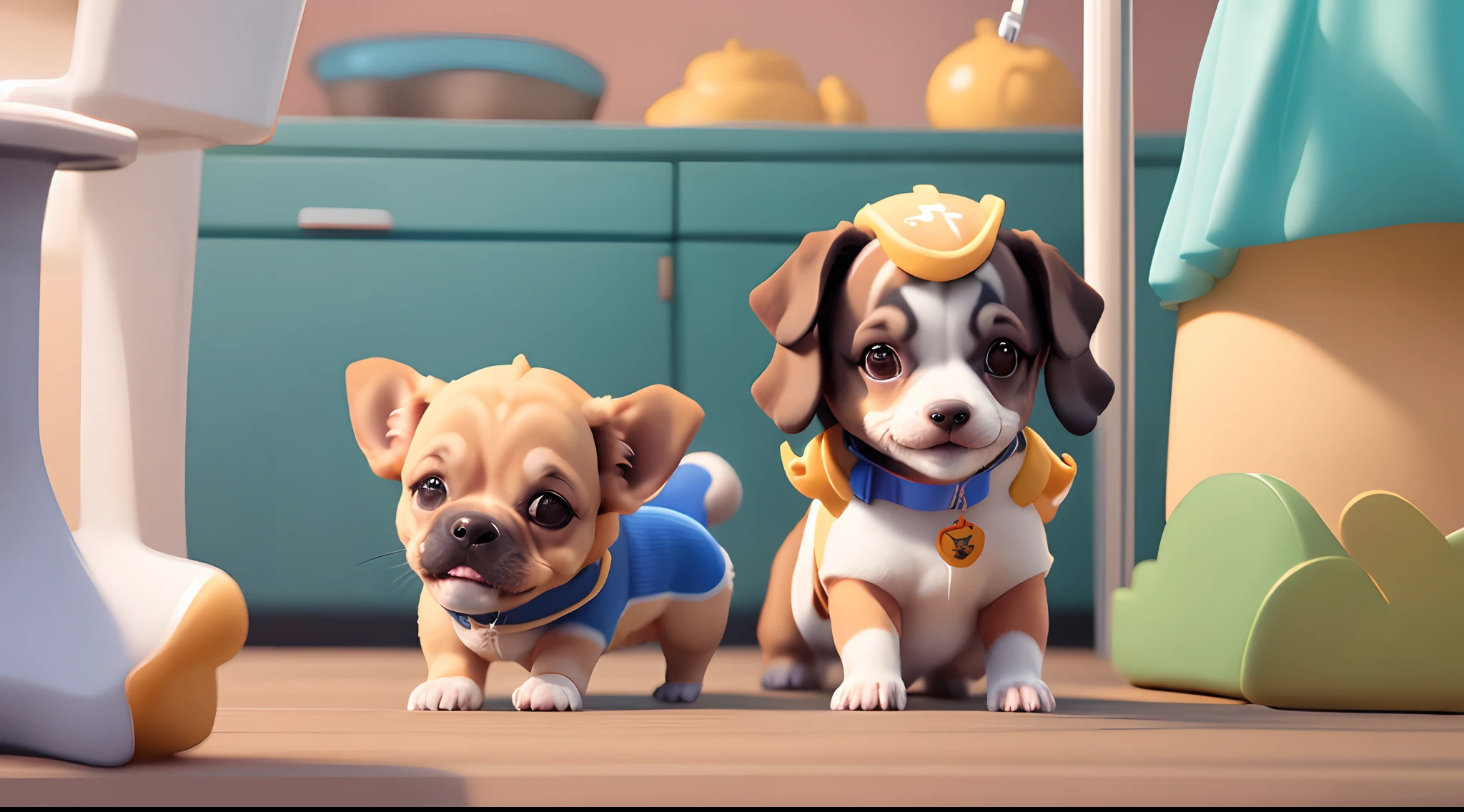 Criar medica veterinaria estilo pixar morena brasileira com cabelo longo preto, olhos escuros, boca grande sorrindo, nariz redondo com esteto em hospital e cachorro