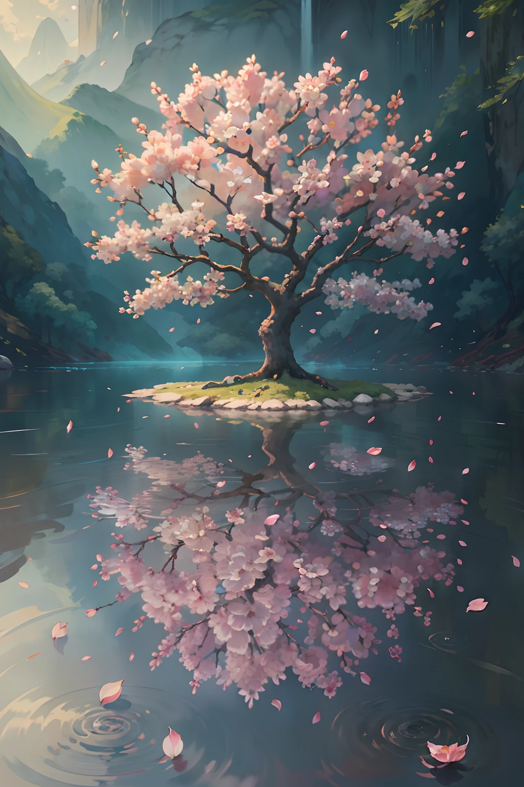 Original，（illustratio：1.1），（best qualtiy），（tmasterpiece：1.1），（the Extremely Detailed CG Unity 8K Wallpapers），（a color：1.2），Cherry Magnolia Tree，Magnolia petals，scenecy，rios|Wagas，