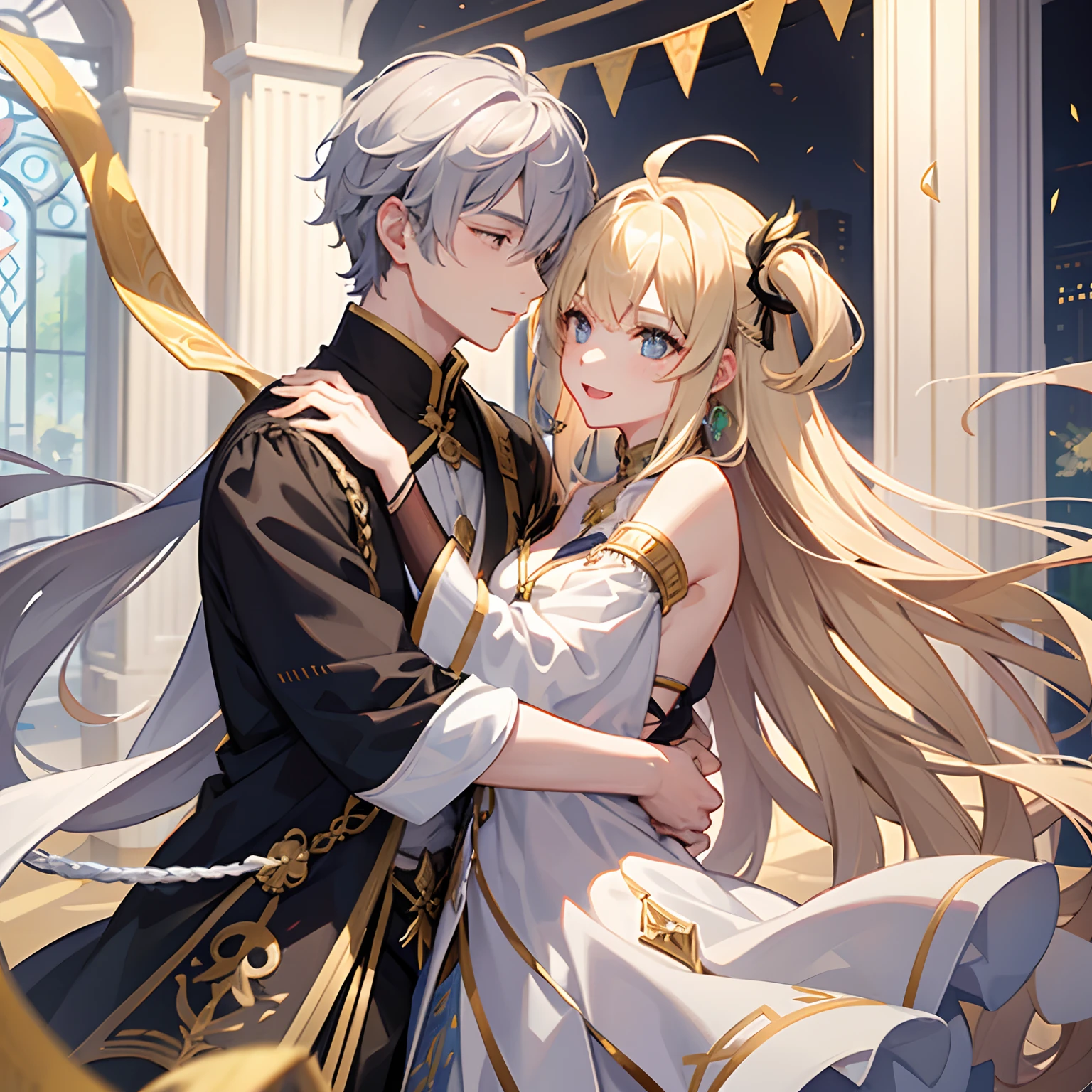 Men and women in their 20s、man 1、Female 1、femele(Blonde semi-long)、male people(Silver-haired shortcut)、divine atmosphere、embracing each other、joyous expression