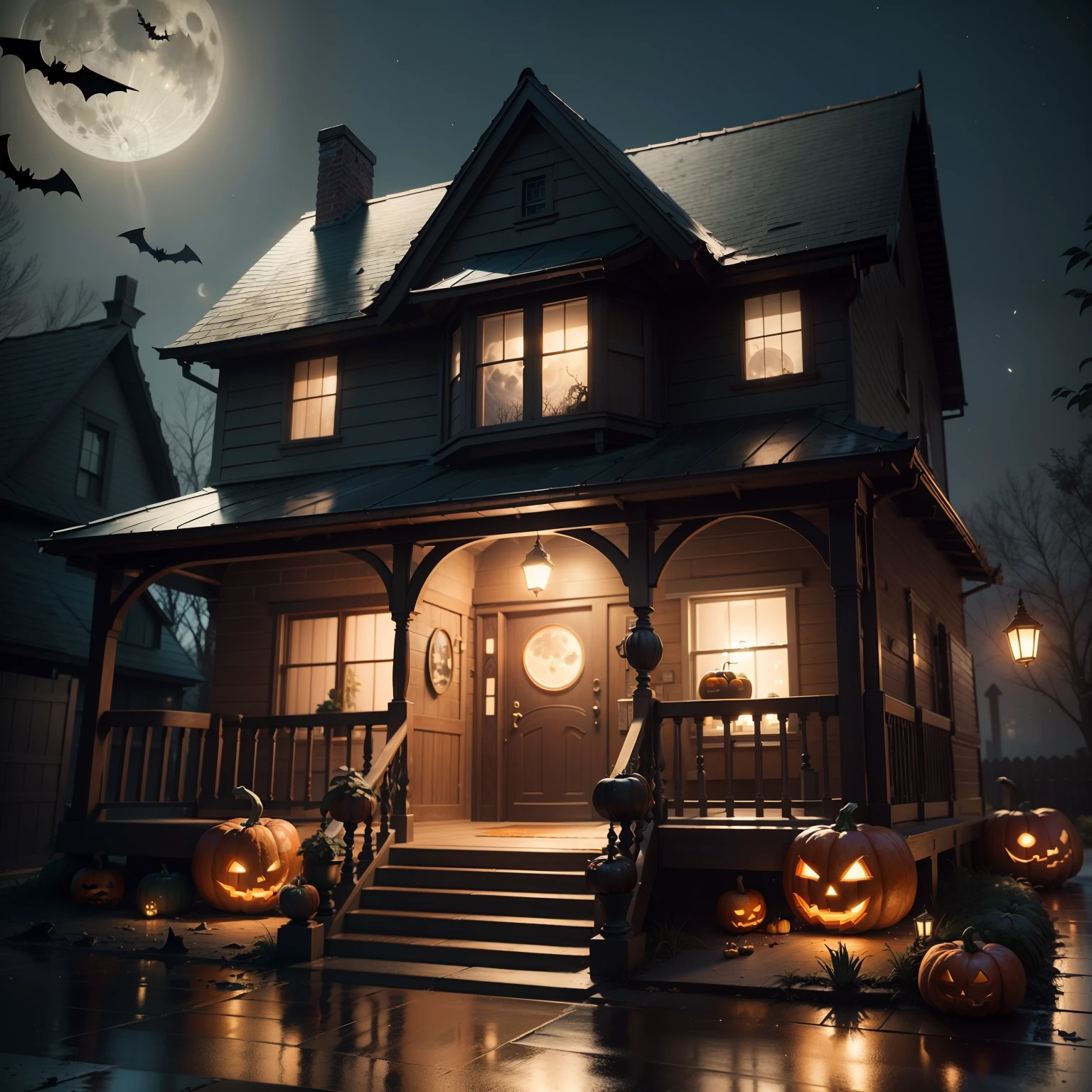 Wearing a Halloween hat.,(master-piece,bestquality:1.2),Best Lights,best shadows,Show background, . . . . . . . . . . . . . . .bat,full big moon,Old House,stylized 3d render