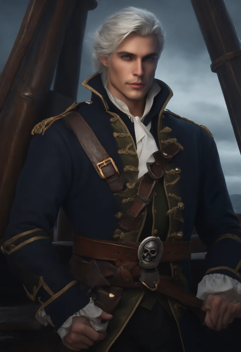 (highly detailed RAW color photo, masterpiece, ultra detailed), (pirate fantasy theme:1.3), (full body:0.9), solo, male elf,, mature, handsome, wise, very thin, short white hair, green eyes, (detailed eyes and detailed face), looking at the viewer, wearing a navy blue sailor uniform with silver details, winter night in the background, standing (aboard a ship:1.6), leather and cold winter skin (cold clothes:1.3), beautiful night of overcast sky (fog: 1.2) (rain: 1.1) (winter: 1.4) (masterpiece: 1.2) (illustration: 1.1) (best quality: 1.2) (detailed) (intricate) (8k) (HDR) (wallpaper) (cinematic lighting) (sharp focus) (photography, soft sky lighting, soft details, artstation trend, ultra high detail, ultra realistic, cinematic, 16k, digital art, art inspired by Dungeon and Dragons)