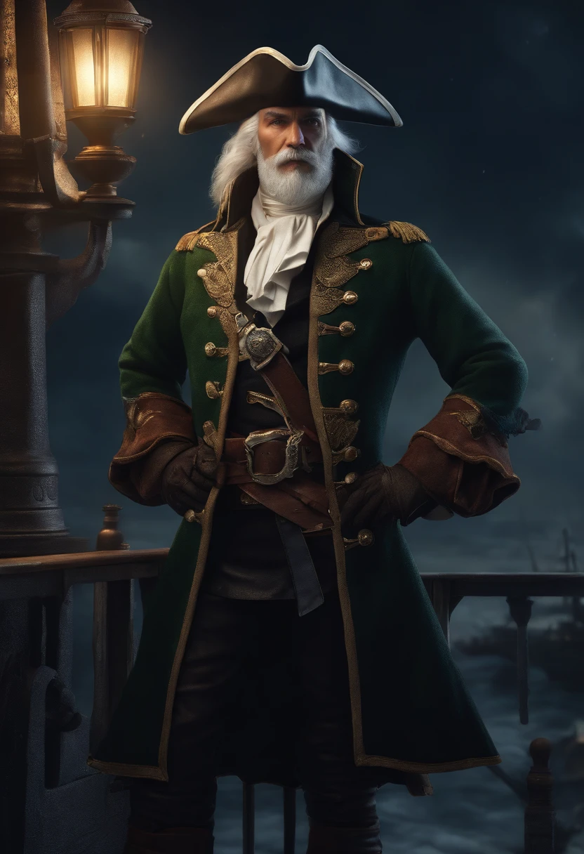 (highly detailed RAW color photo, masterpiece, ultra detailed), (pirate fantasy theme:1.3), (full body:0.9), solo, male elf,, mature, handsome, wise, very thin, short white hair, green eyes, (detailed eyes and detailed face), looking at the viewer, wearing a navy blue sailor uniform with silver details, winter night in the background, standing (aboard a ship:1.6),  leather and cold winter skin (cold clothes:1.3), beautiful night of overcast sky (fog: 1.2) (rain: 1.1) (winter: 1.4) (masterpiece: 1.2) (illustration: 1.1) (best quality: 1.2) (detailed) (intricate) (8k) (HDR) (wallpaper) (cinematic lighting) (sharp focus) (photography, soft sky lighting, soft details, artstation trend, ultra high detail, ultra realistic, cinematic, 16k, digital art,  art inspired by Dungeon and Dragons)