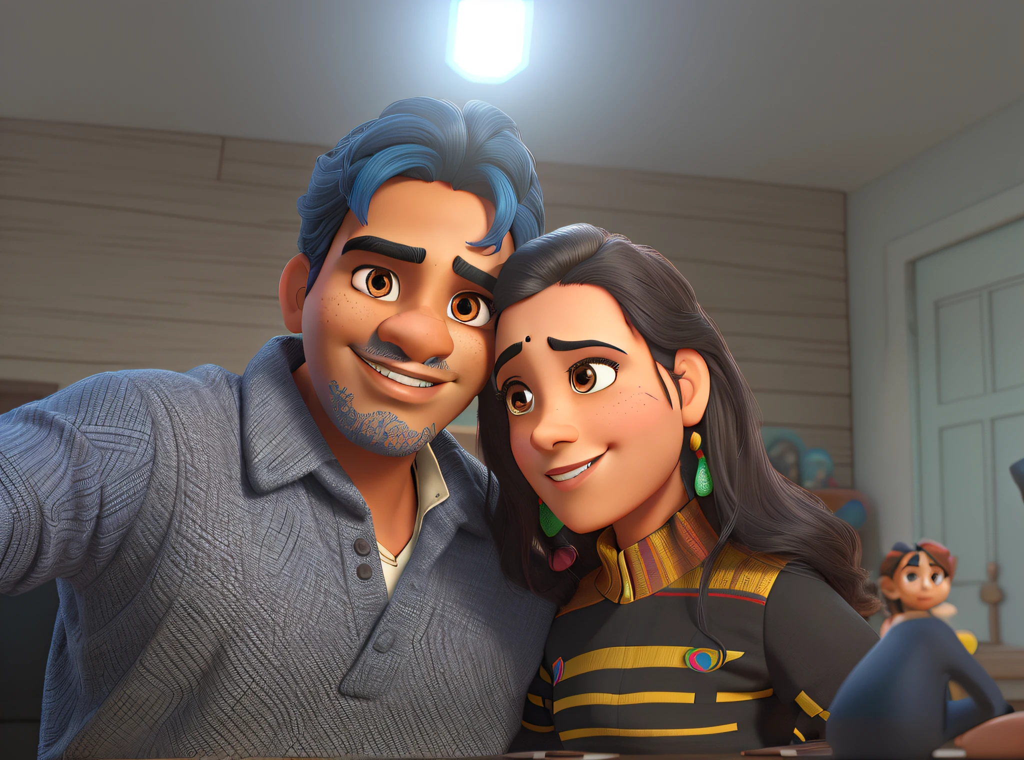 A indian man and a Disney Pixar-style woman, high quality, best quality, detailed characters, vibrant colors, detailed facial features, detailed clothing, dynamic pose, picturesque background, studio lighting
