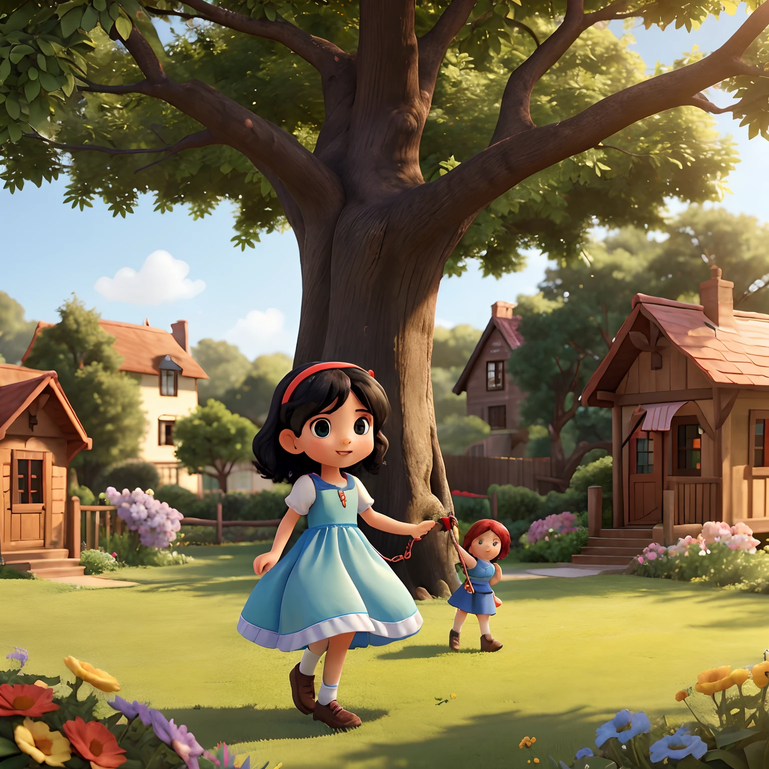 A girl with black hair in a blue dress with small chest playing with her red-haired friend is green dress the two playing on the swing that is in the tree behind them has a garden house full of flowers