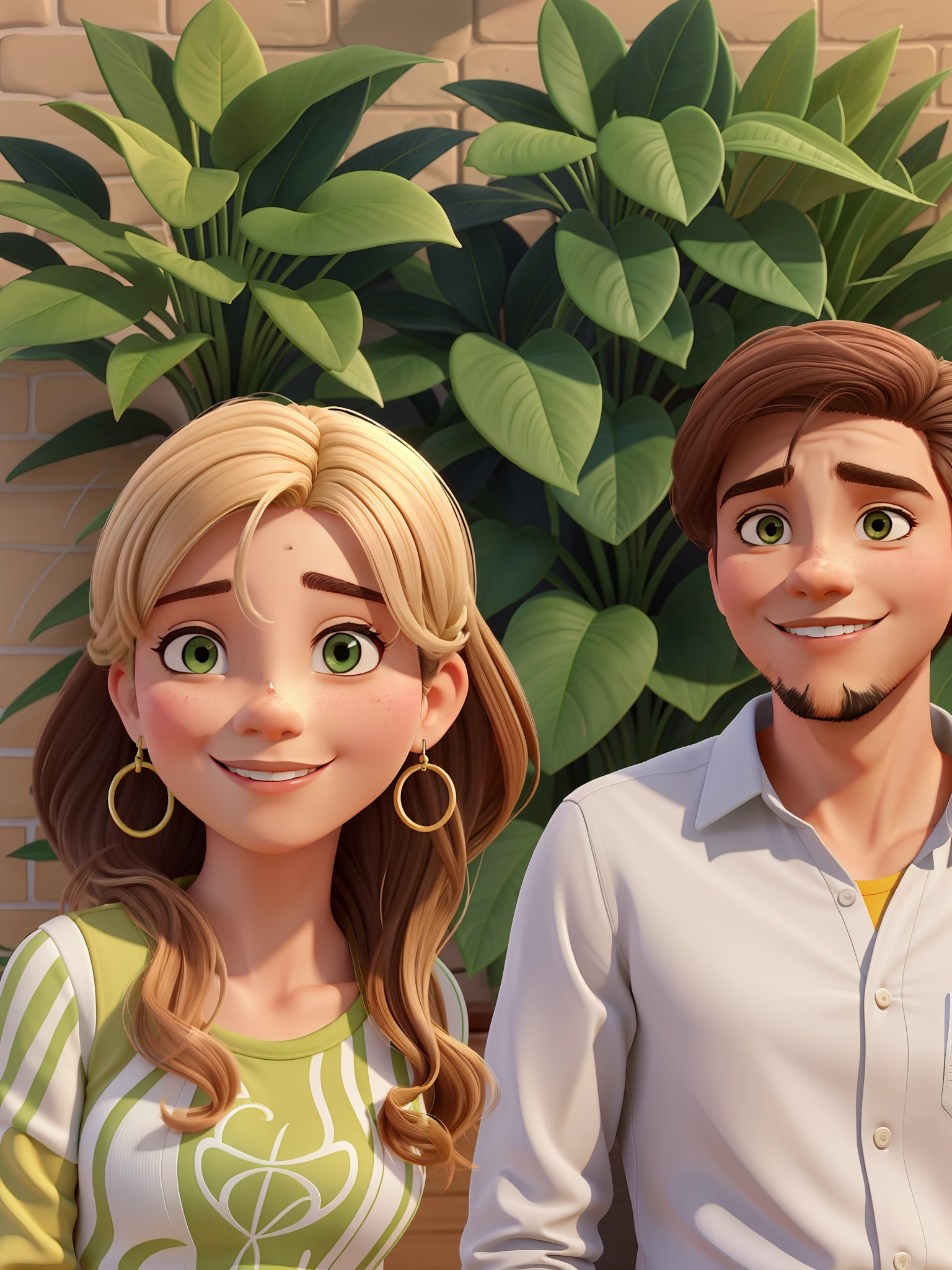Dois arquitetos, um Laura e outro Vinicius, cabelos castanhos, sorrindo, with background: a wall with the logo of the Studio Guacas office and some plants.
