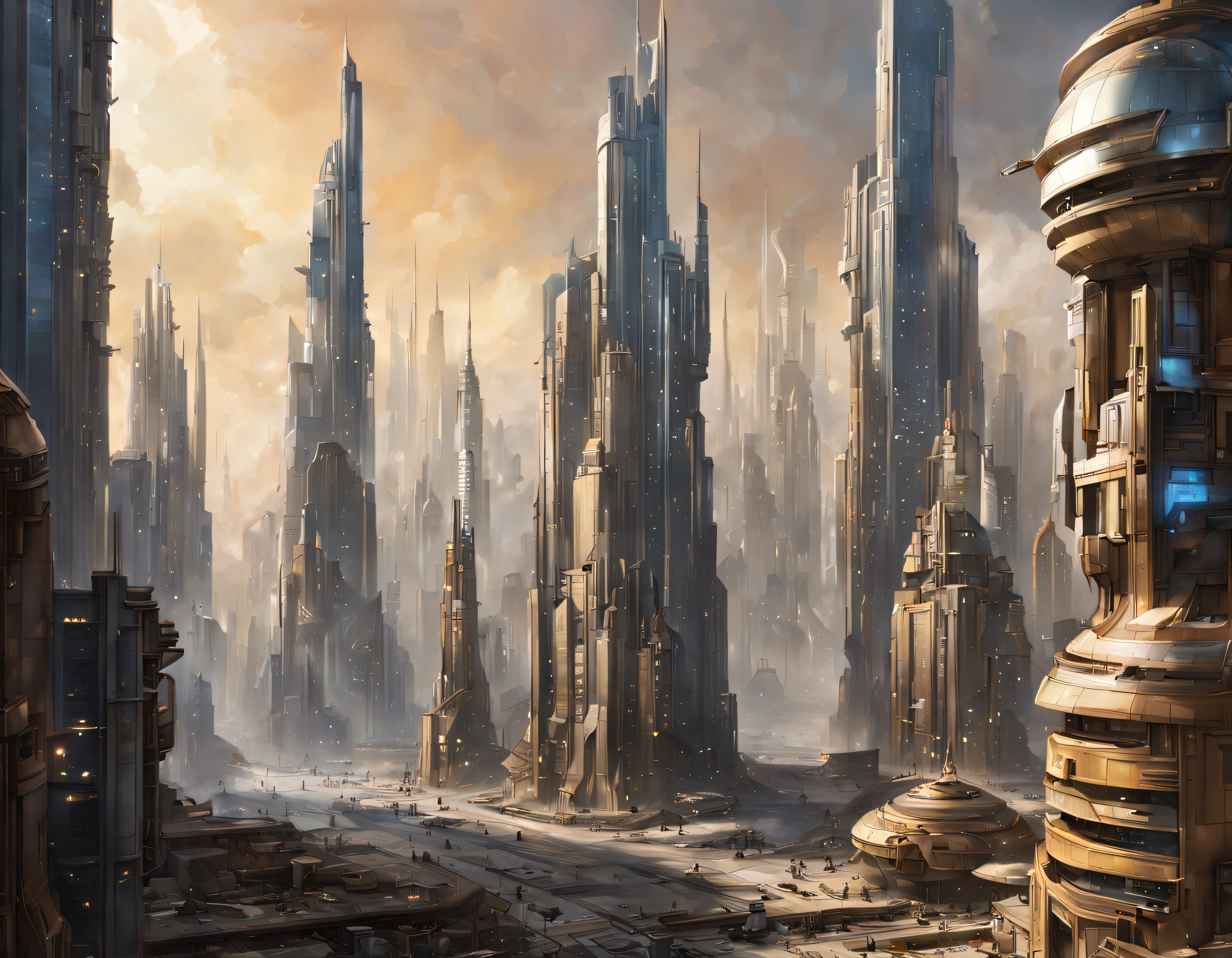 The city of Coruscant from Star Wars as designed by Doug Chiang, futuristic fantasy city with immense buildings of technological design (que forman una avenida infinita), edificios compactor no difuminados, con estructuras acristaladas en plata, oro y bronce espectaculares, (con colores vivos). pavimento ensolado (sin brillo). gente paseando. imagen bien definida con muchos edificios juntos. imagen nitida bien definida 8k. los edificios llegan alta el fondo.,8k. imagen cinematografica.