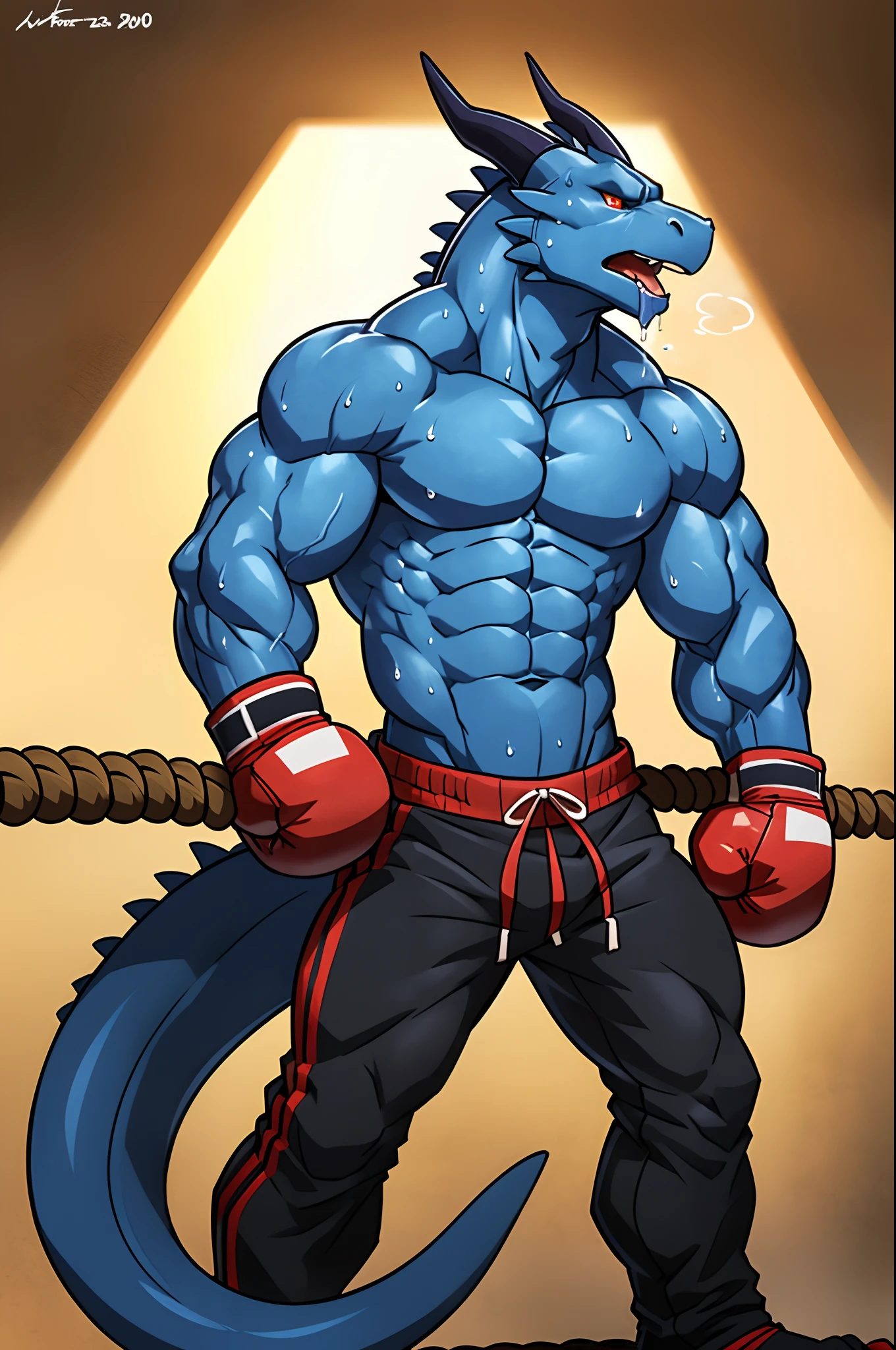 ((solo) full height):1, (anthro) blue dragon, lora, adult, mature, masculine, slim:1.2, skinny:1.2, tall:1, (correct anatomy:1.2), vascular veins, (correct proportions:1.3), dragon tail, topless, (shirtless, bare paws, boxing gloves, black sweatpants), ultradetailed, (by wfa:1.2), (by takemoto_arashi, by vorusuarts, by Traver009:1, by grimfaust:1), natural lighting ((boxing ring):2.4 background), (sweat:1.4, wet:1.6), (lots of sweat flowing down) exhausted, dragon head ((open:1 eyes, detailed):1.2), open mouth (steaming breath:1.2, drooling, dripping saliva, thick drool) tongue sticking out, (serious:1.4) expression), in pain, (leaning over ropes:1.6)