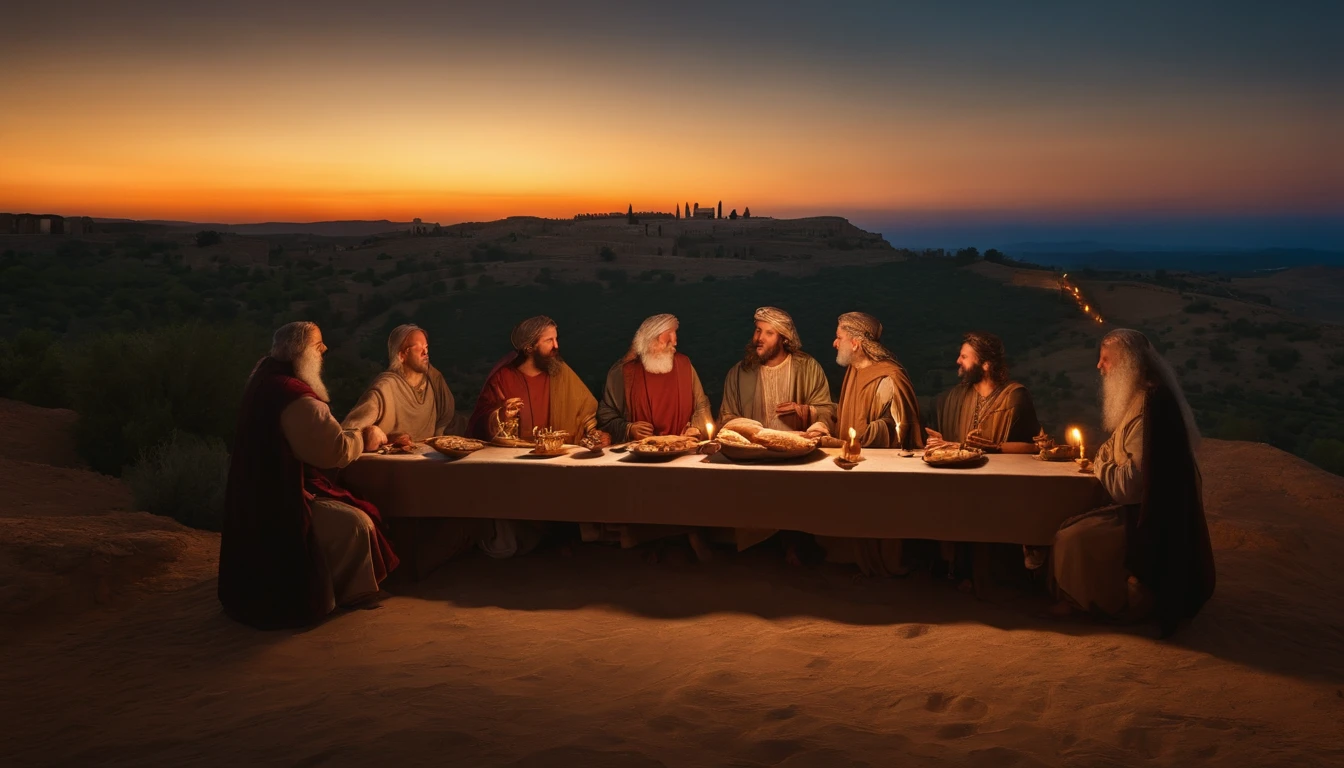 Ancient Israel、1st century、the last supper、Wine、Similar Images of the Lord Jesus Christ, Dine with the Apostles in St... say,、(((evening)))、Crack bread in high resolution in 8K