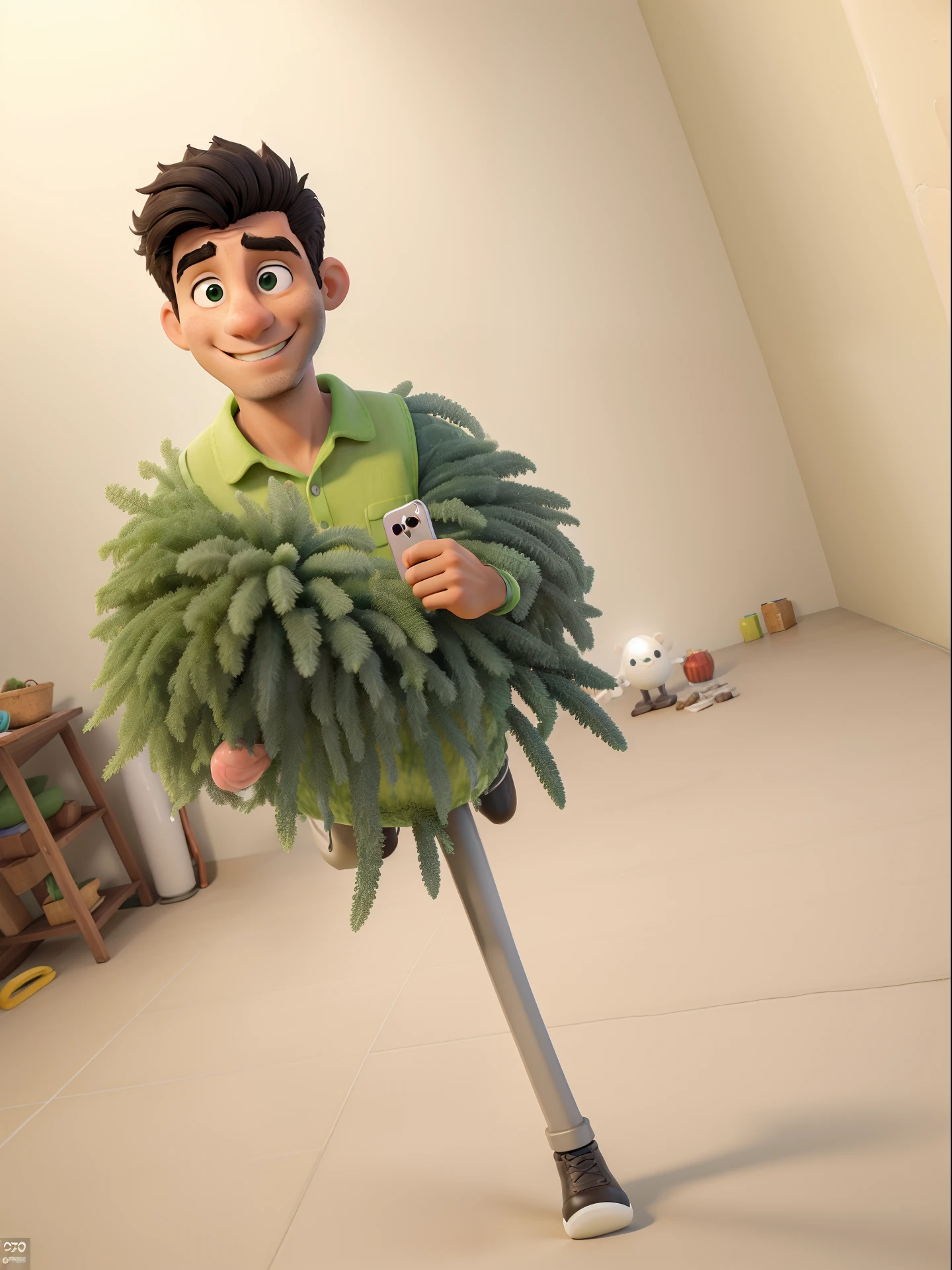 Obra-prima, de melhor qualidade, um jovem de 25 anos, cabelo preto cacheado, tirando foto no espelho com iphone 12 verde
