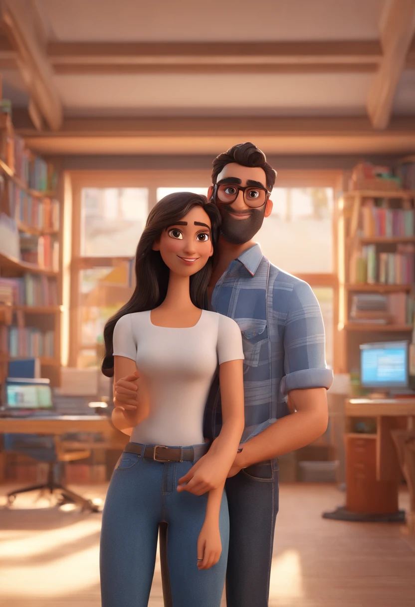 Estilo Pixar: Homem adulto, cabelo preto preto, Hugging long brown hair woman wearing sunglasses, Jeans e camisa preta em uma sala de aula