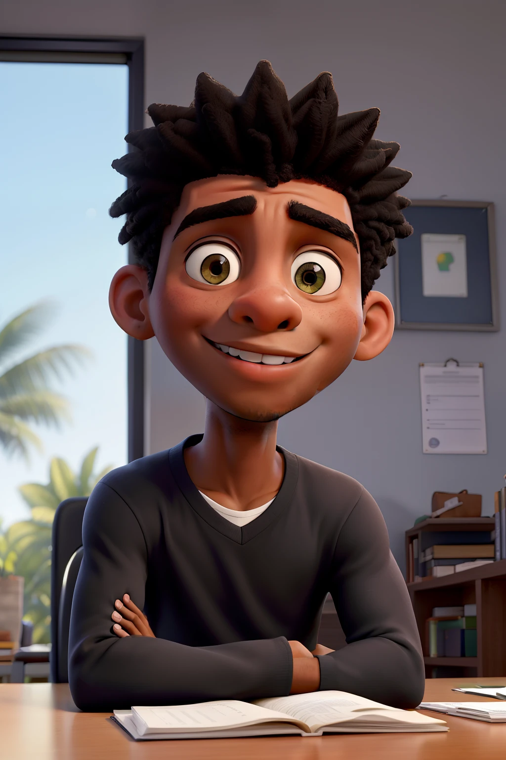 um jovem negro estudando sentado de frente para mesa de estudos com cadernos. He's in the room and, ao fundo, has certificates of studies and family photos