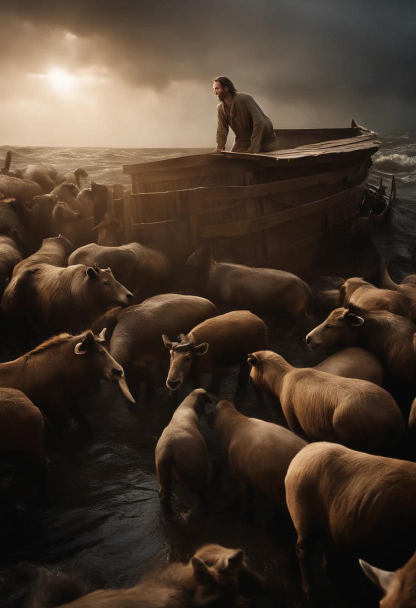 Describe an exciting scene in the story of Noah's Ark where Noah and his family are facing challenges as they try to protect the animals on board during a violent flood. Explore the tension, solidarity, and emotions of the characters as they struggle to survive and ensure the preservation of all species on board the Ark