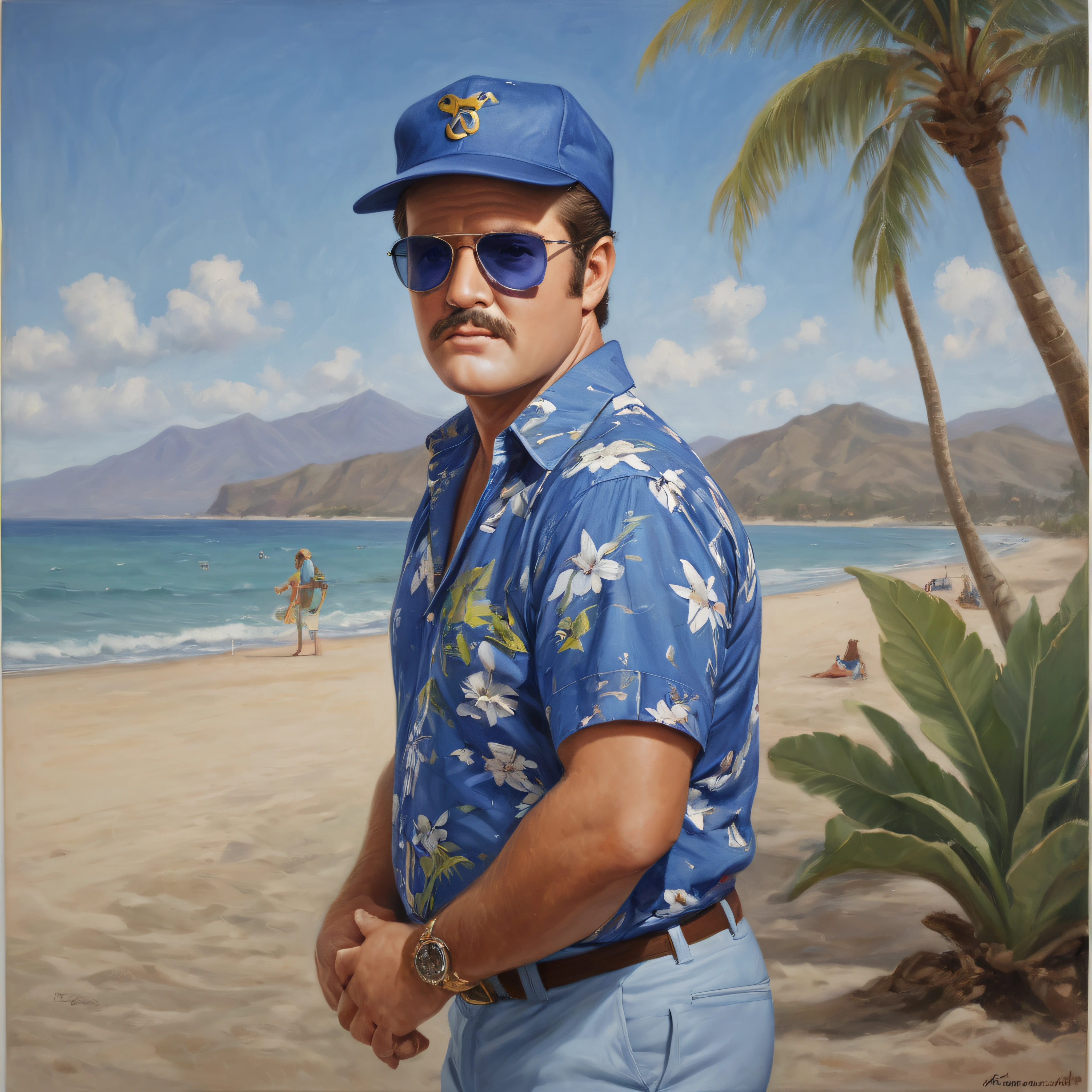 George Reeves/Lee Majors/Elvis Presley hybrid, 180 pound man with a mustache, wearing a Blue Hawaiian shirt, a baseball cap, sunglasses, extremely short, buzz-cut hair and a thin, dark mustache, cobalt-blue eyes, oil painting on canvas in the art style of Julie Bell