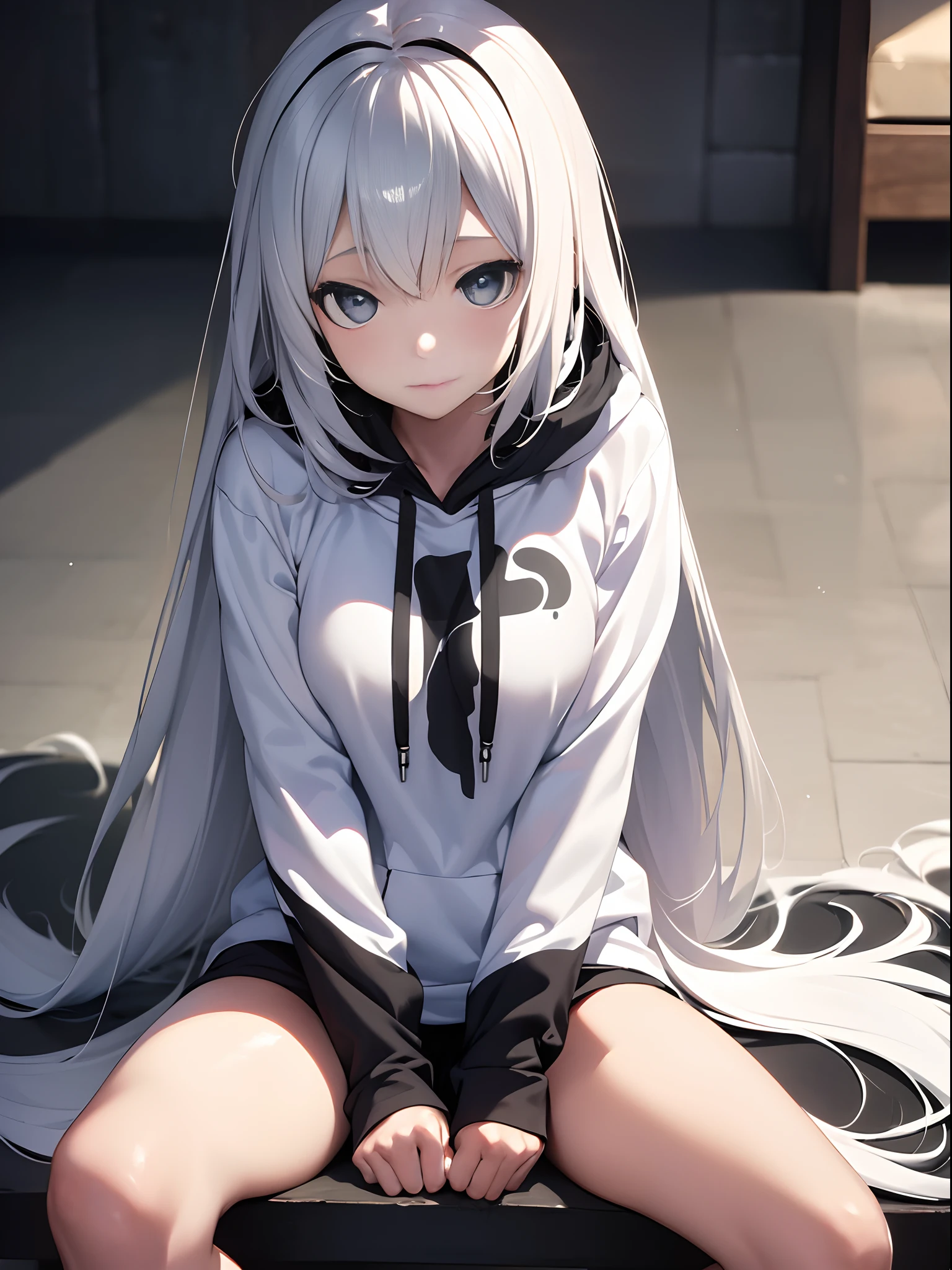 Photorealistic, high resolution, ultra high graphics, Black and white, amine girl, 1 girl, solo, long hair, perfect figure, beautiful, cute, lonely, captivate eyes, beautiful two legs, beautiful tow hands, is sitting, inner, upper body, hoodie, looking down, alone, looking down, down