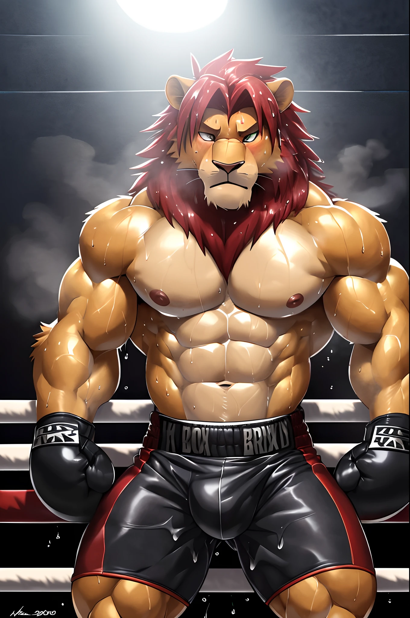 ((solo)), (anthro:1.2) lion (lora; simba), adult, (athletic:1.4), (dense muscles), (super strong:1.4), (correct anatomy:1.2), (broad shoulders:1.2), (heavy build, massive body:1.6), (realistic fur, detailed fur texture:1.3), detailed background (corner of the boxing ring:1.6), photorealistic, (black compression shorts, (genital outline:1.2)), (bare torso:1.4), (barefoot:1.2), (detailed clothing), hyperrealistic, ultradetailed, (by wfa:1.2), (by takemoto_arashi, by vorusuarts, by Traver009:1, by grimfaust:1), natural lighting, (wet. sweat:1.4), exhausted, feline head (open eyes, red mane), (steaming breath:1.2), ((serious:1.4) expression), (leaning over post:1.6), (view from below:1.4)
