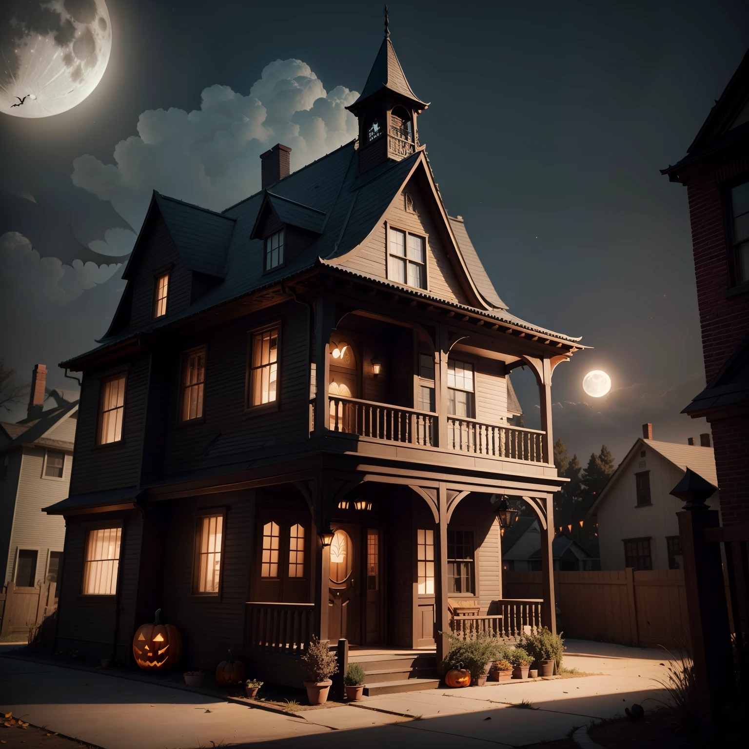 Wearing a Halloween hat.，（master-piece，bestquality：1.2），Best Lights，best shadows，Show background, . . . . . . . . . . . . . . .bat,full big moon,Old House,stylized 3d render