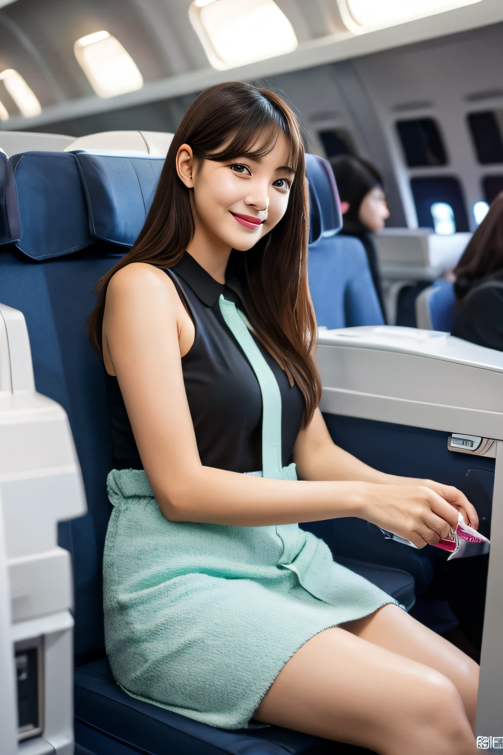  highest quality, Realistic, Very detailed, finely, High resolution, 8k wallpaper, Beautiful woman,, Light brown ponytail hair, Wearing a red short dress, Perfect dynamic composition, finelyて美しい目,  Realistic , smile,  Model Body Type、Earrings,necklace－Net,(clock),Beautiful feet,Sitting in an airplane seat、talk、Chatting,Full Body Shot,Smile and laugh,
