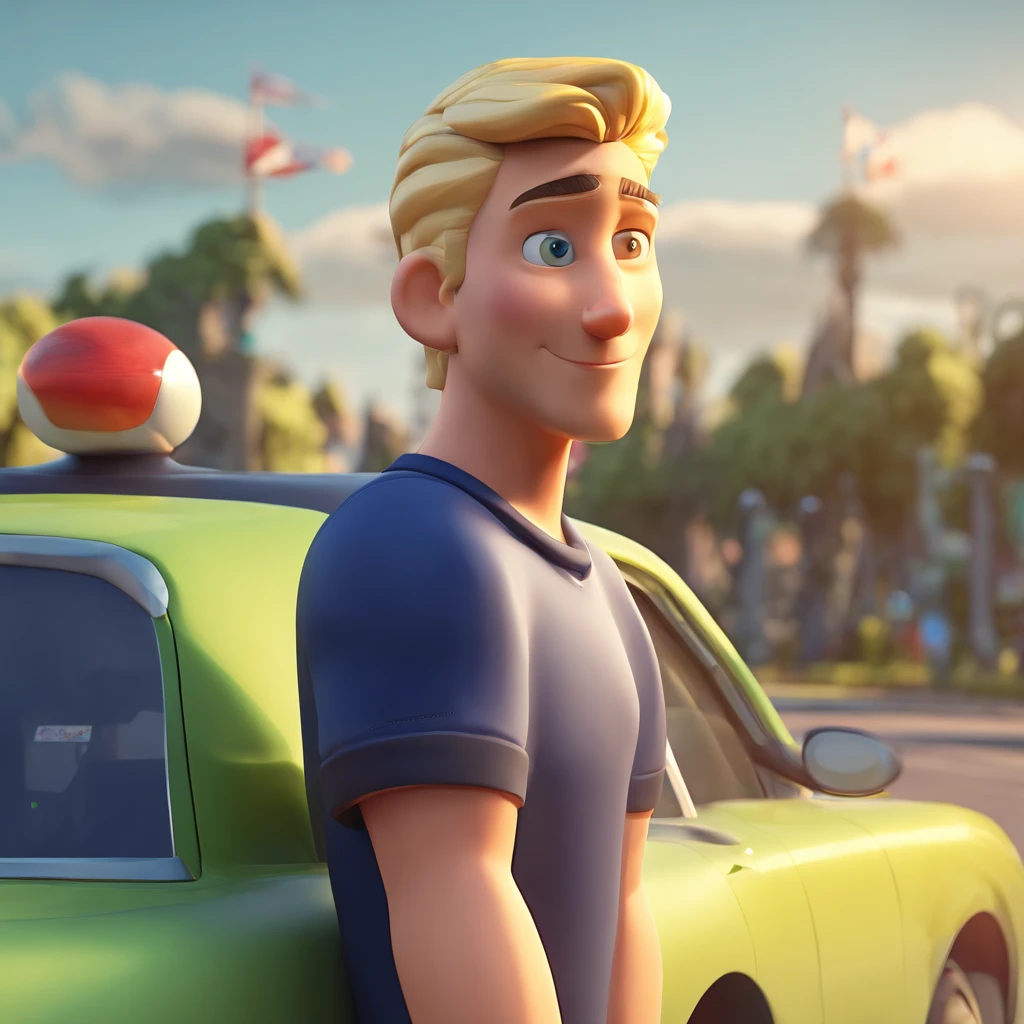 Miniature straight hair blonde man with big nose green eyes water sales manager with his navy blue polo shirt leaning against his white car on the side of the road in Disney 'pixar format