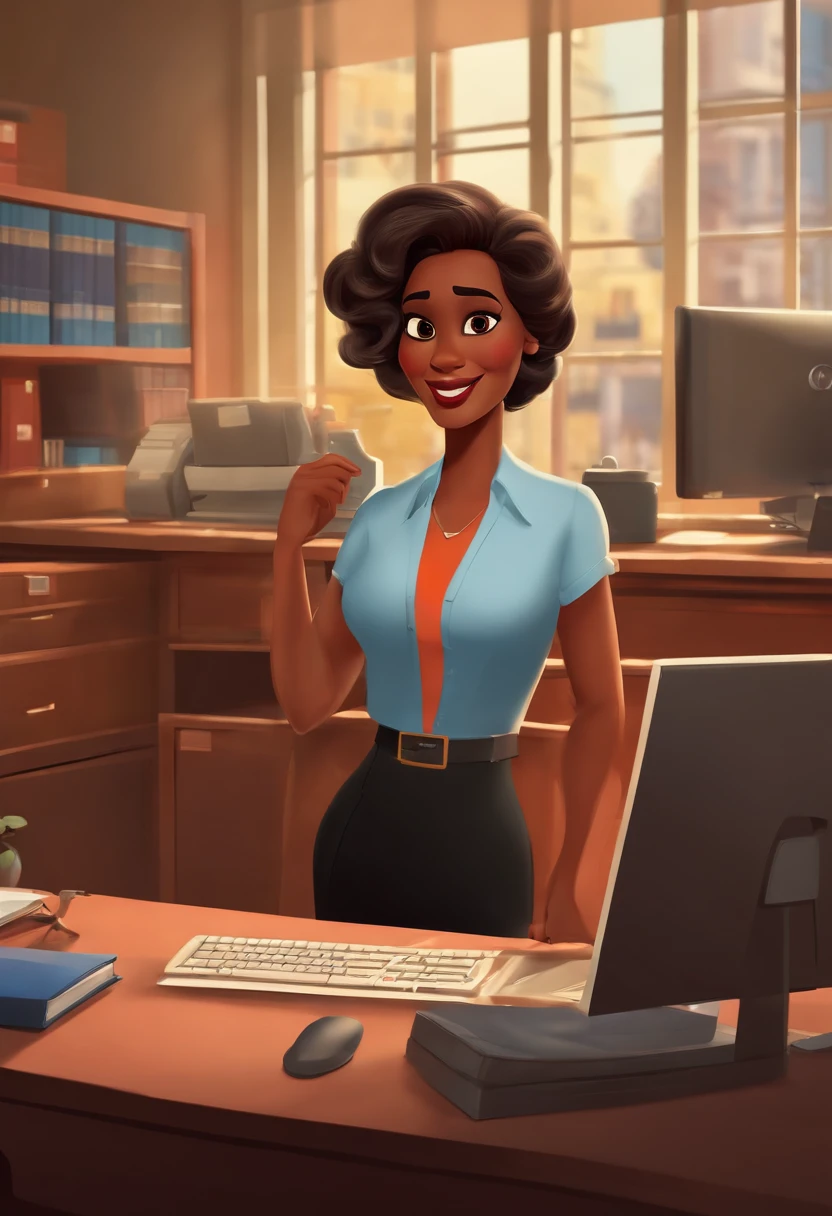 A woman businesswoman, com pele clara, olhos castanhos e cabelos pretos, Trabalhando em um computador, Set against the backdrop of a marketing office, estilo Disney Pixar, alta qualidade.