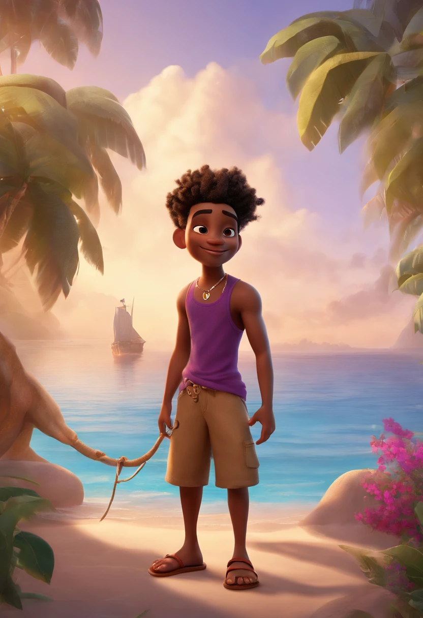 A Disney Pixar-inspired film of a brown, 20-year-old man with a thin face, hair of dreadlocks tied up, hoop earrings, ringing earrings, nose ring, mustache and goatee, tattoo on the right shoulder of a purple tank top, shorts, leather sandals on the feet, holding a 7-string guitar