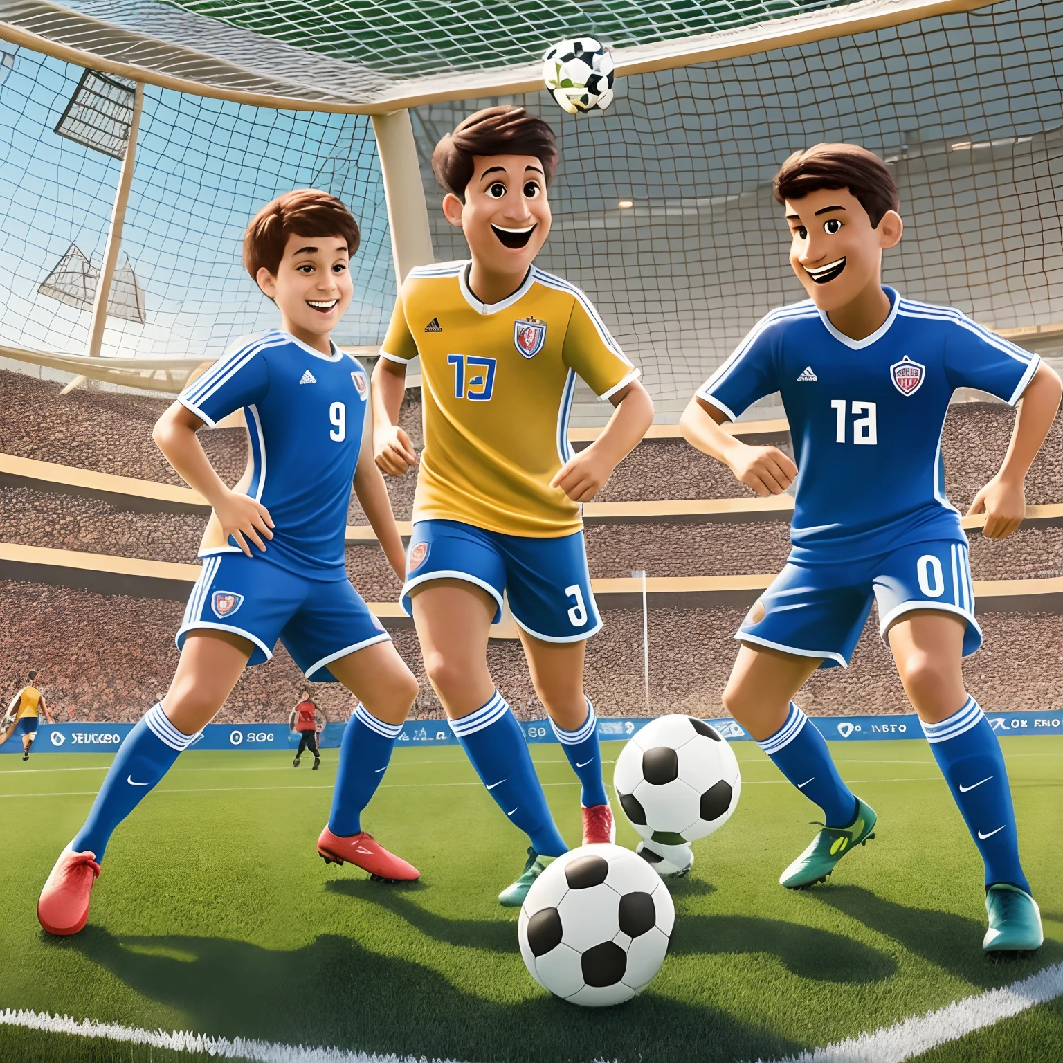 PHOTO OF THREE SMILING SOCCER PLAYERS PLAYING PIXAR STYLE SOCCER, DESENHO ANIMADO
